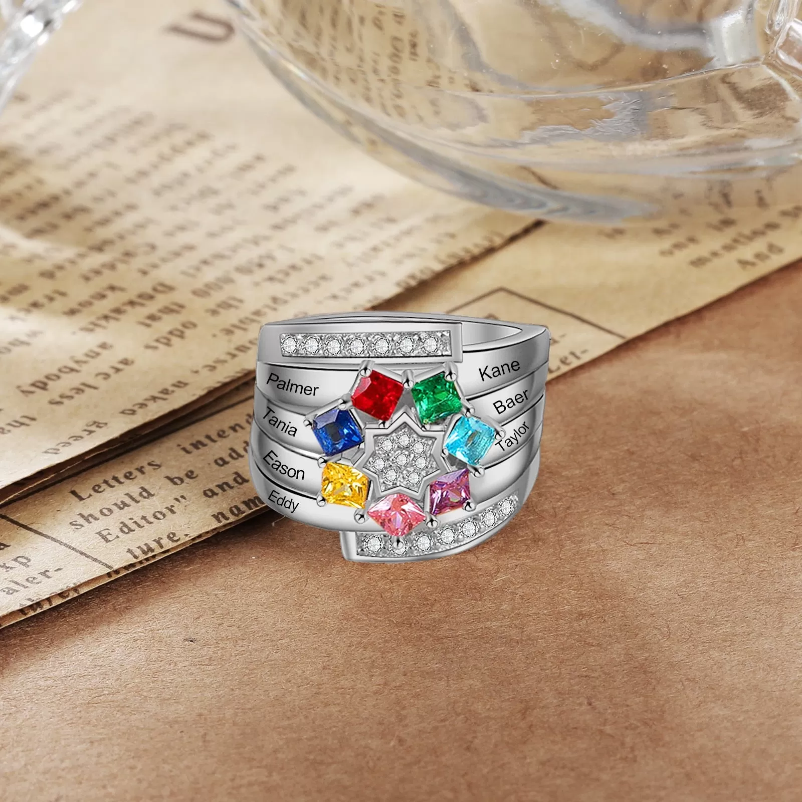 Personalized Mothers Ring with 4 Square Birthstones Zirconia Star Customized Engraving Family Name Rings for Women Gift