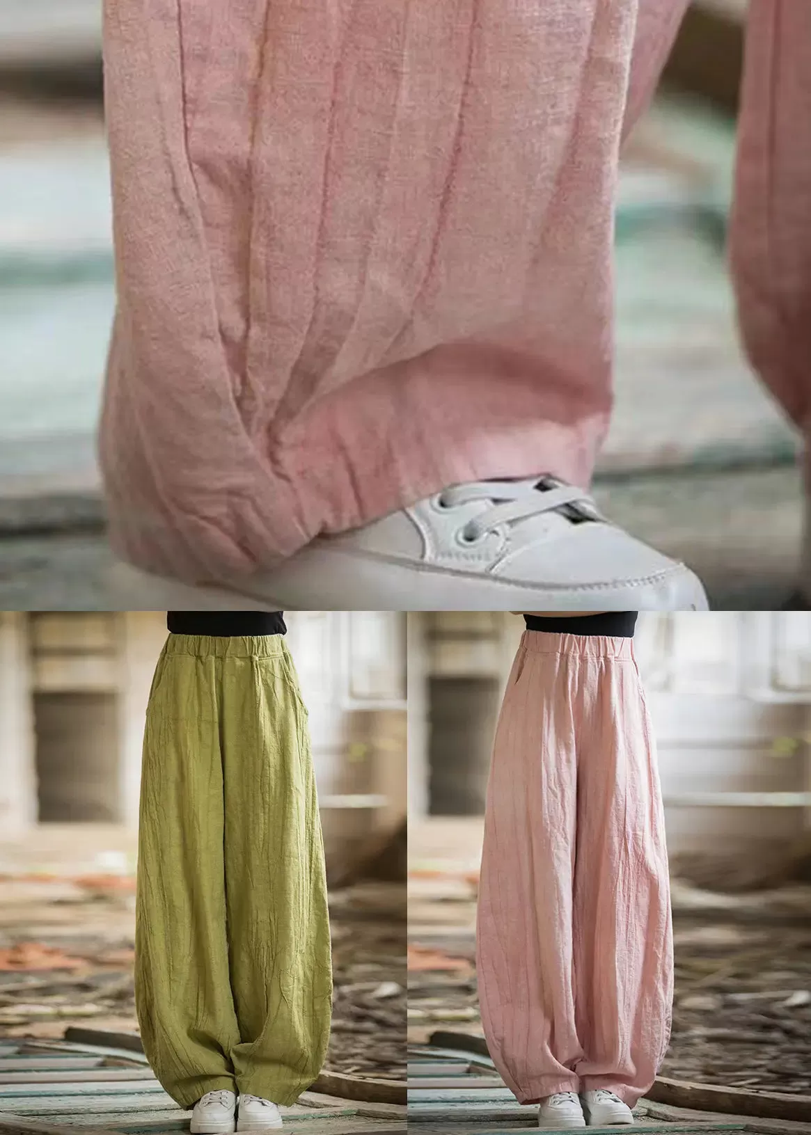 Pink High Waist Linen Wide Leg Pants Pockets CG1049