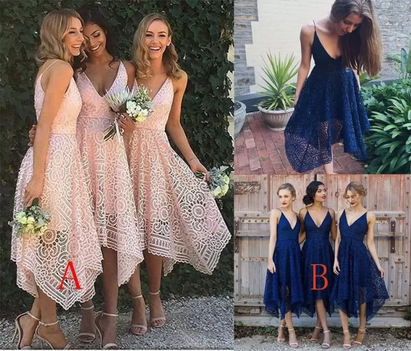 Pink V-neck Straps Tea Length Asymmetrical Lace Bridesmaid Dress