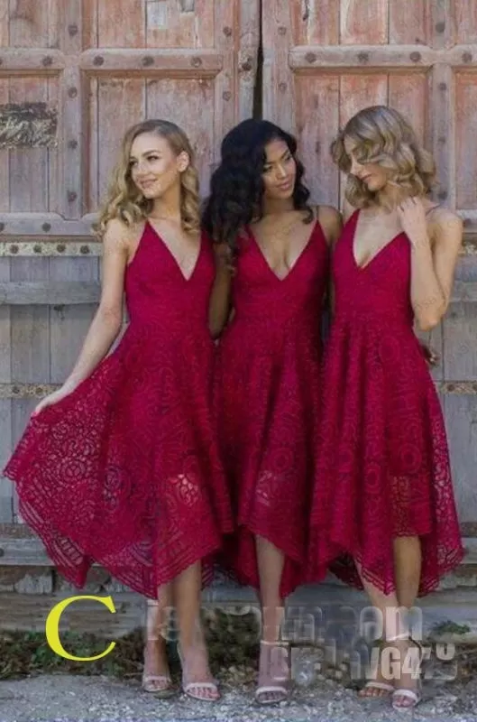 Pink V-neck Straps Tea Length Asymmetrical Lace Bridesmaid Dress