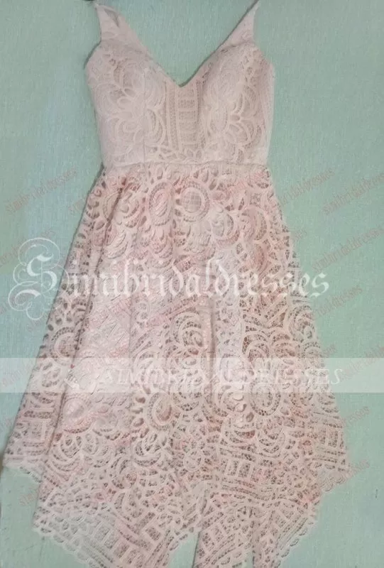 Pink V-neck Straps Tea Length Asymmetrical Lace Bridesmaid Dress