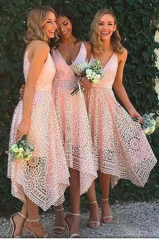 Pink V-neck Straps Tea Length Asymmetrical Lace Bridesmaid Dress