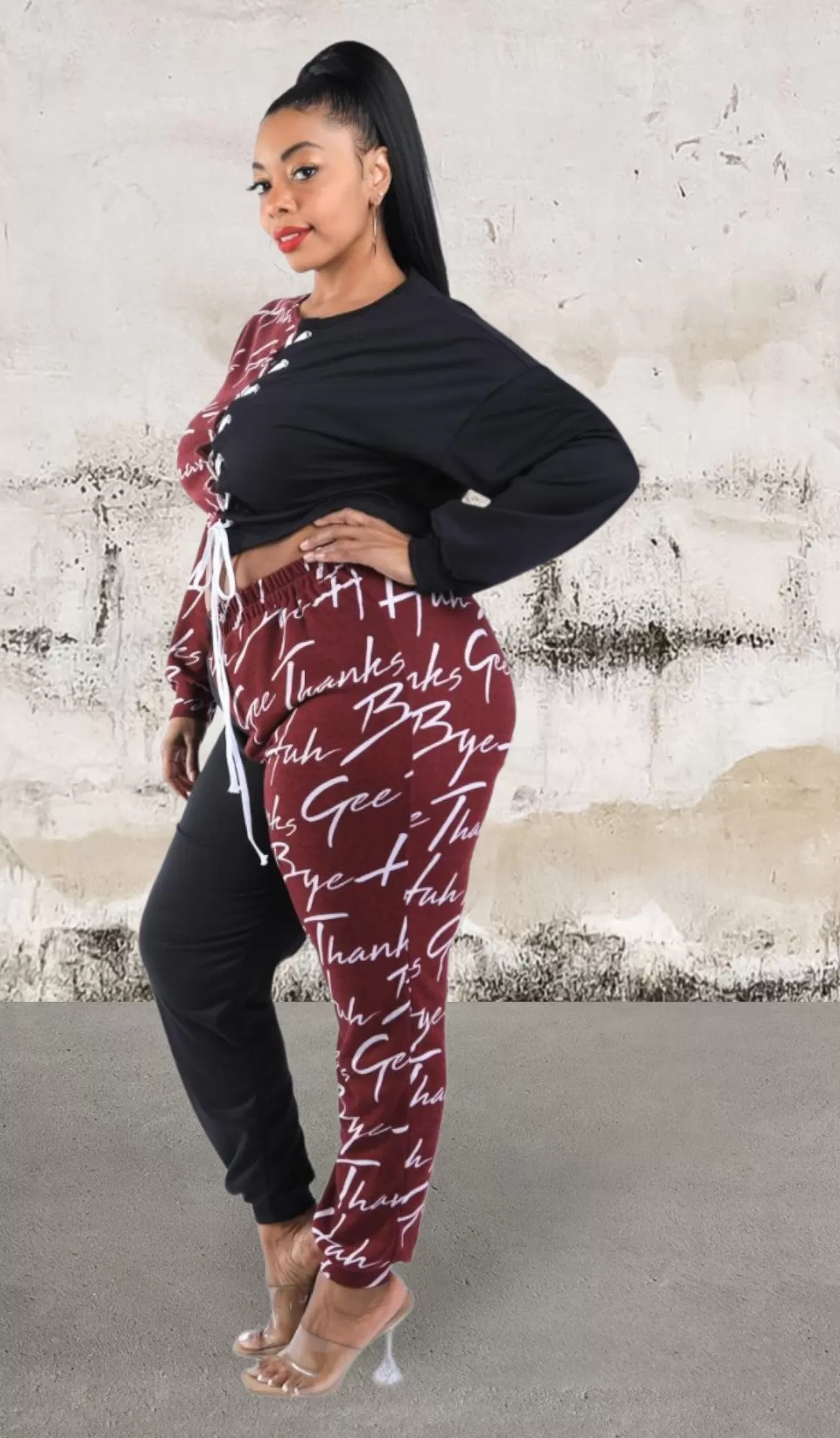 Plus Size Lace Up Front Jogger Set