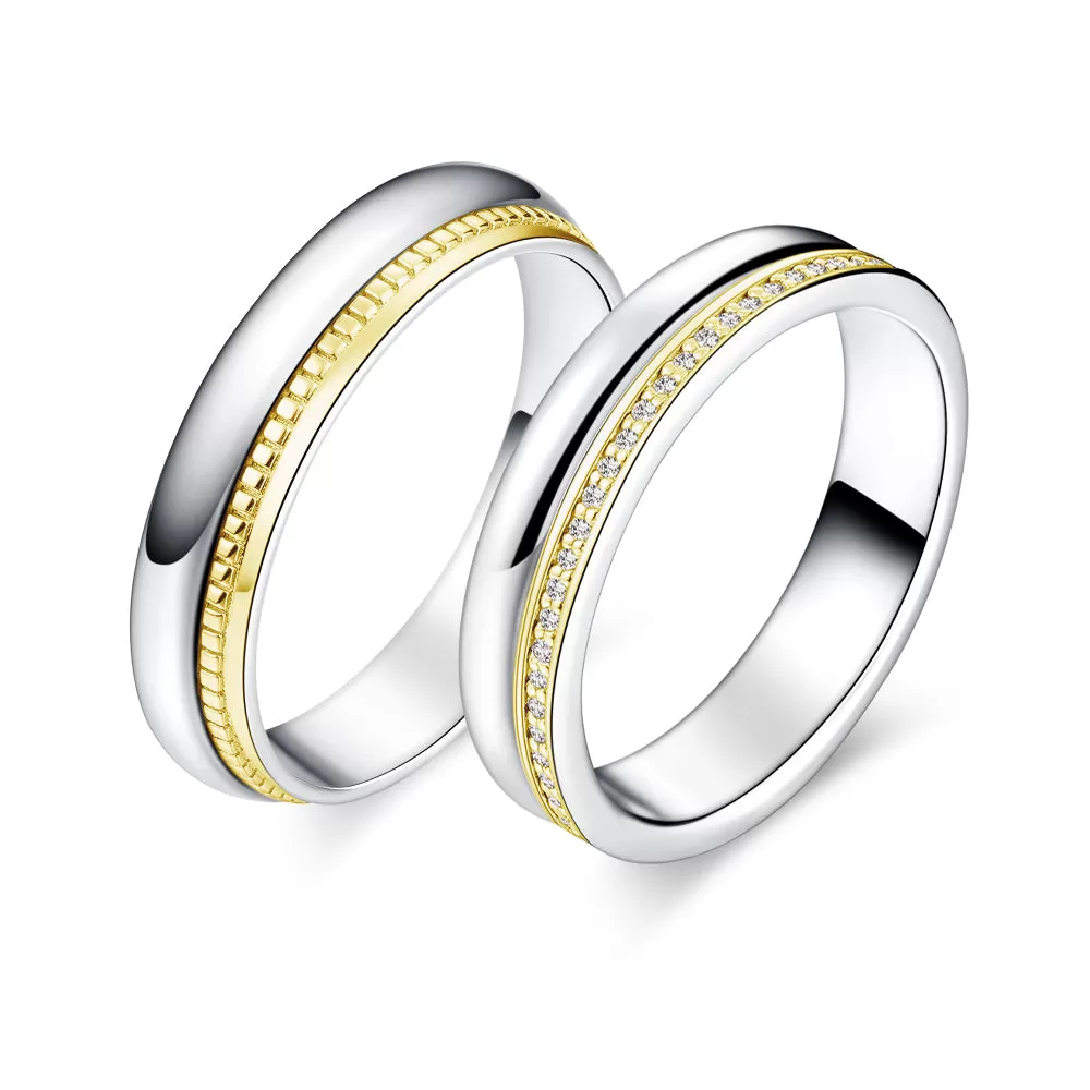 Polished Finish Two-Tone Couple's Ring Set With Pave Edge