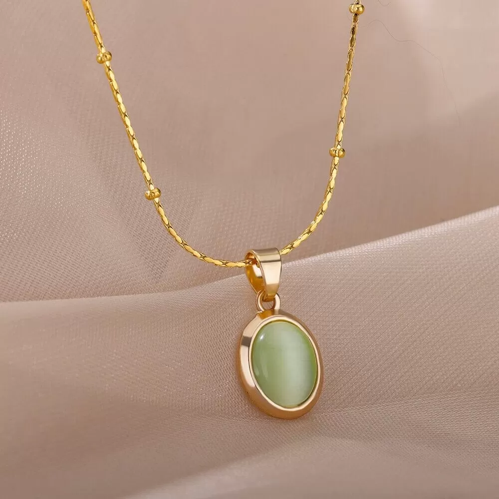 Pretty Elegant Stainless Steel Round Opal Necklace