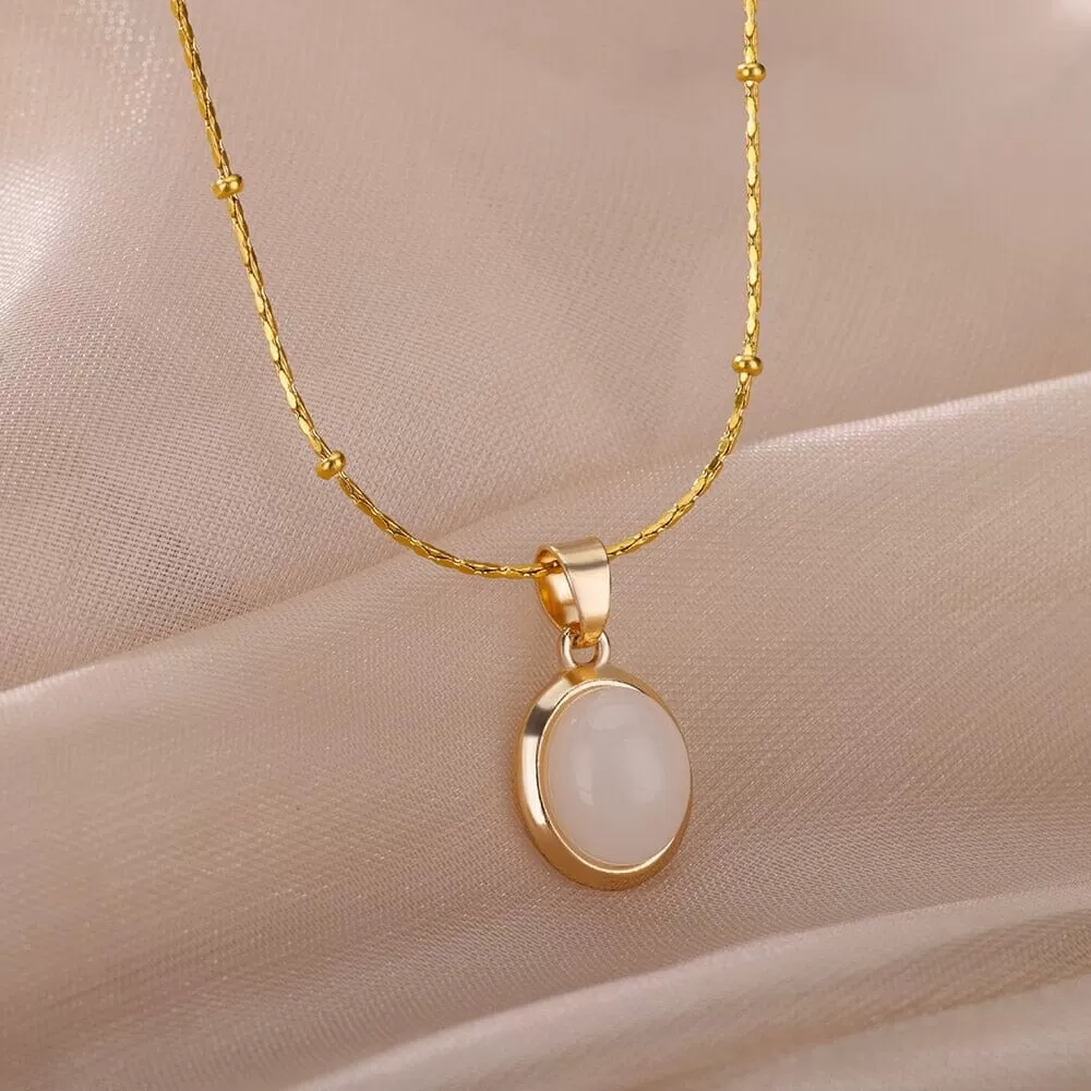 Pretty Elegant Stainless Steel Round Opal Necklace