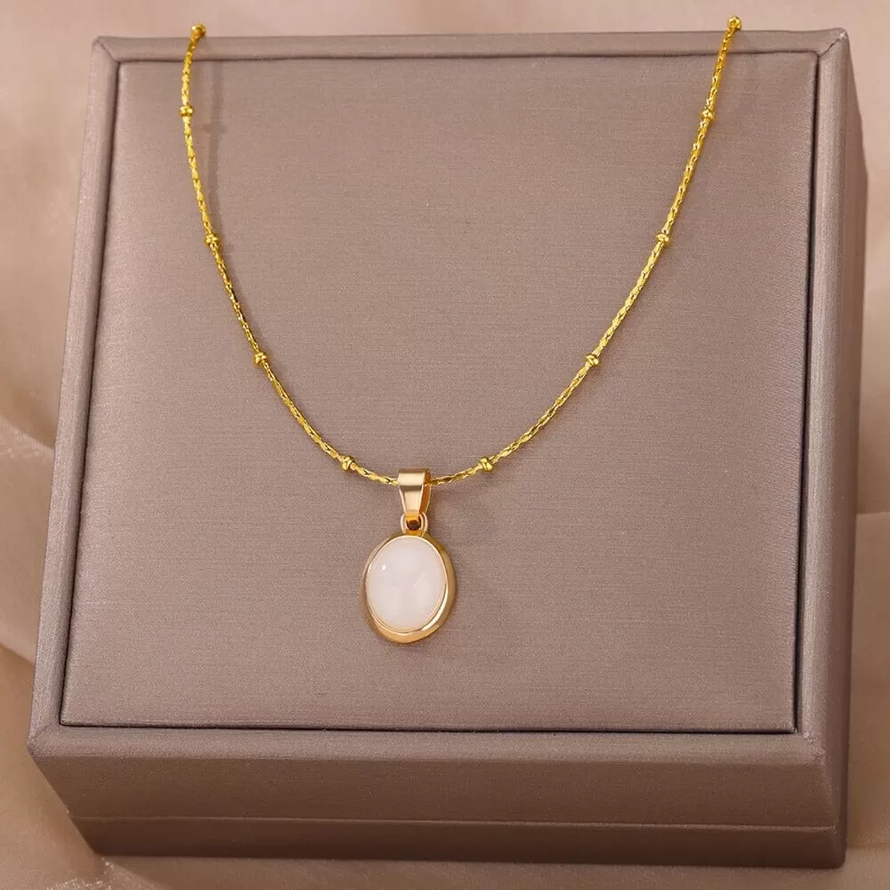 Pretty Elegant Stainless Steel Round Opal Necklace