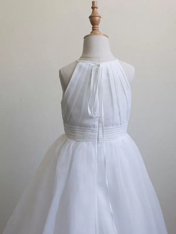 Princess Silhouette Pleated Flower Girl Dresses White Sleeveless Kids Party Dresses