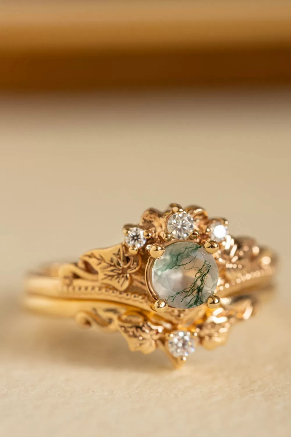 READY TO SHIP: Ariadne bridal ring set in 18K yellow gold, natural moss agate 5 mm, accents moissanites, AVAILABLE RING SIZES: 9-11US