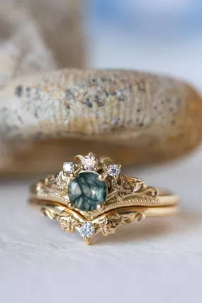 READY TO SHIP: Ariadne bridal ring set in 18K yellow gold, natural moss agate 5 mm, accents moissanites, AVAILABLE RING SIZES: 9-11US