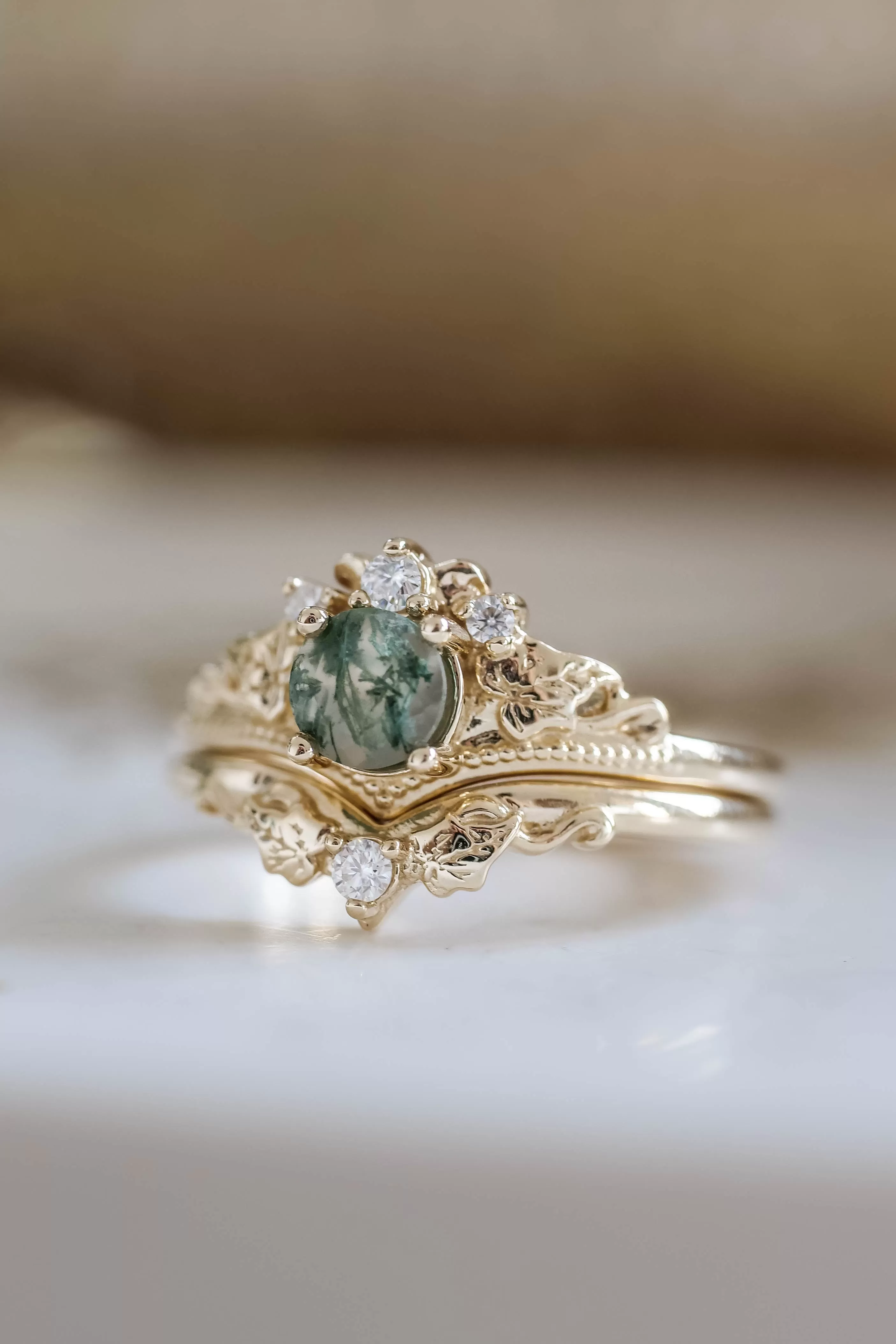 READY TO SHIP: Ariadne bridal ring set in 18K yellow gold, natural moss agate 5 mm, accents moissanites, AVAILABLE RING SIZES: 9-11US