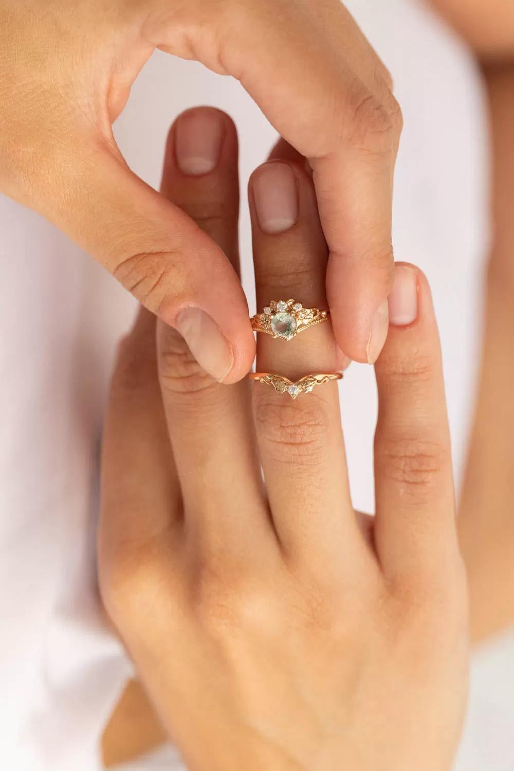 READY TO SHIP: Ariadne bridal ring set in 18K yellow gold, natural moss agate 5 mm, accents moissanites, AVAILABLE RING SIZES: 9-11US