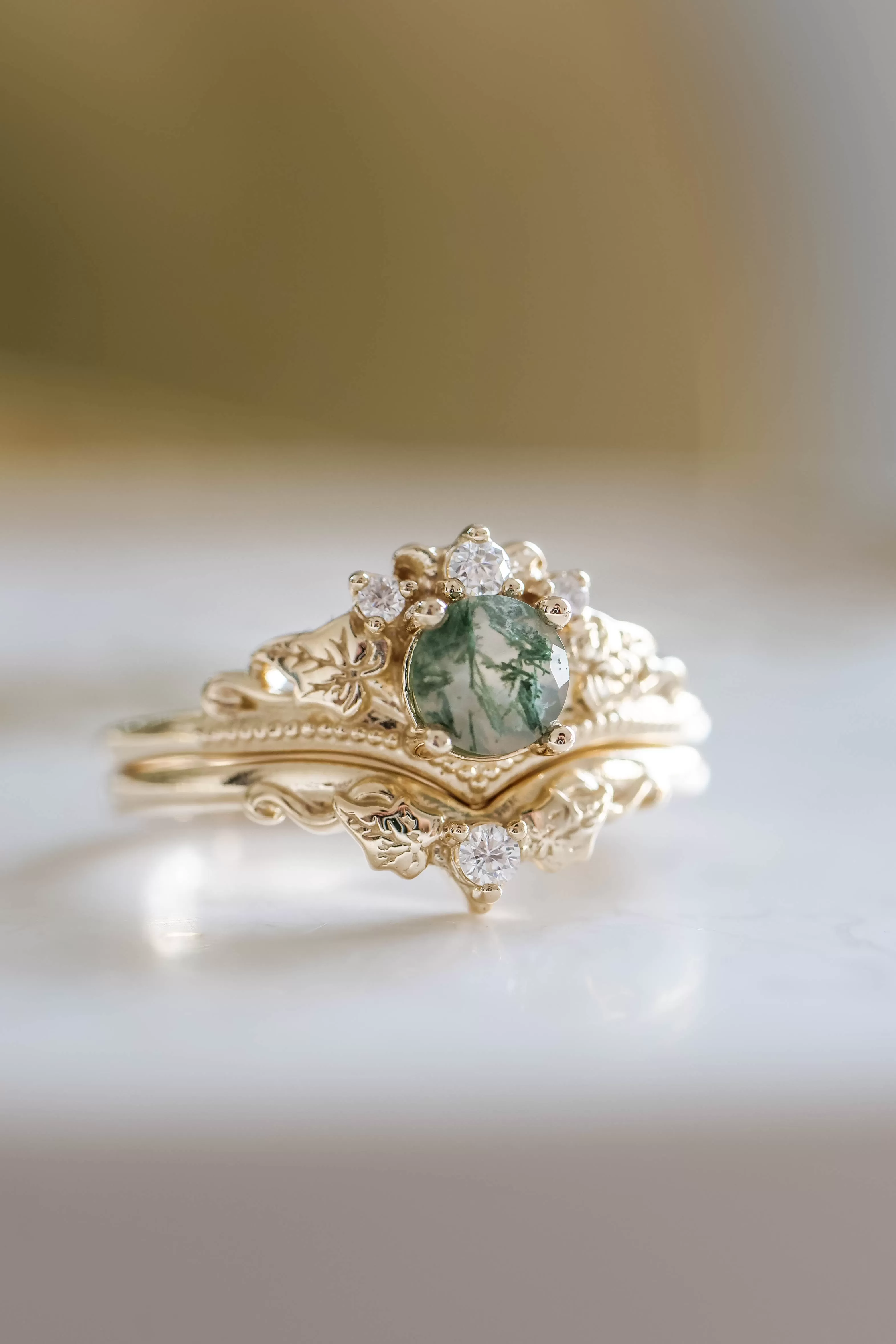 READY TO SHIP: Ariadne bridal ring set in 18K yellow gold, natural moss agate 5 mm, accents moissanites, AVAILABLE RING SIZES: 9-11US