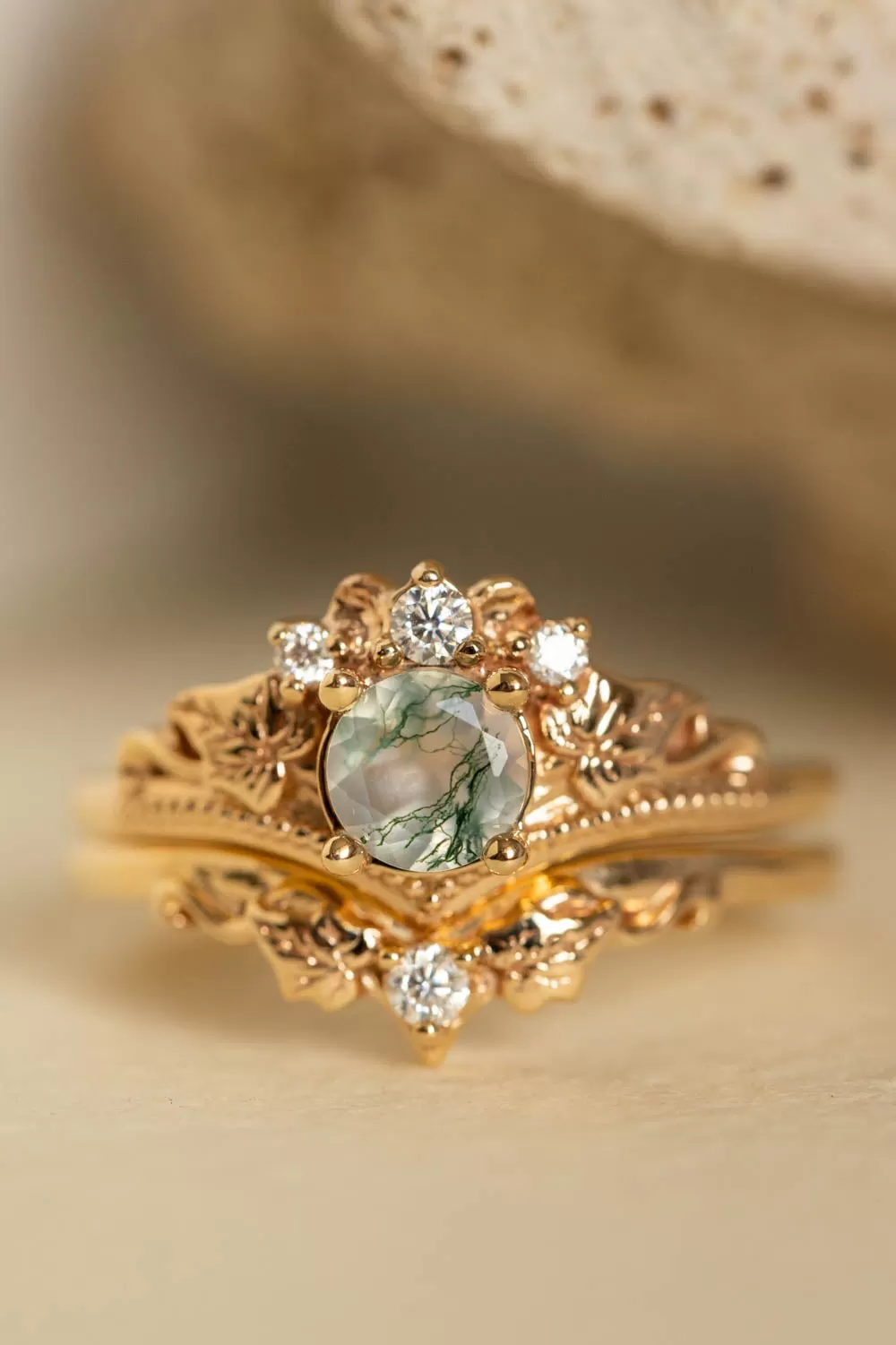 READY TO SHIP: Ariadne bridal ring set in 18K yellow gold, natural moss agate 5 mm, accents moissanites, AVAILABLE RING SIZES: 9-11US