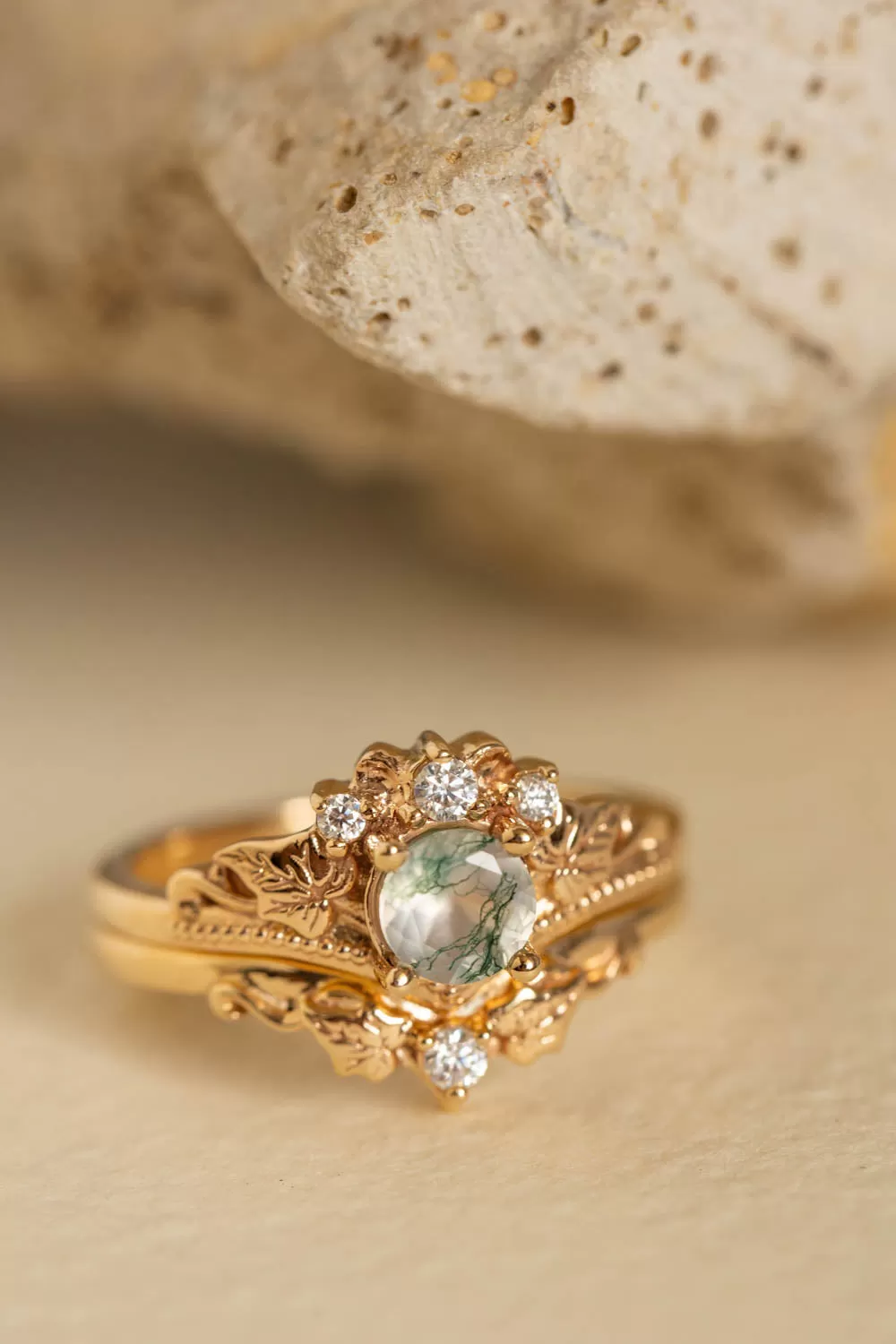 READY TO SHIP: Ariadne bridal ring set in 18K yellow gold, natural moss agate 5 mm, accents moissanites, AVAILABLE RING SIZES: 9-11US