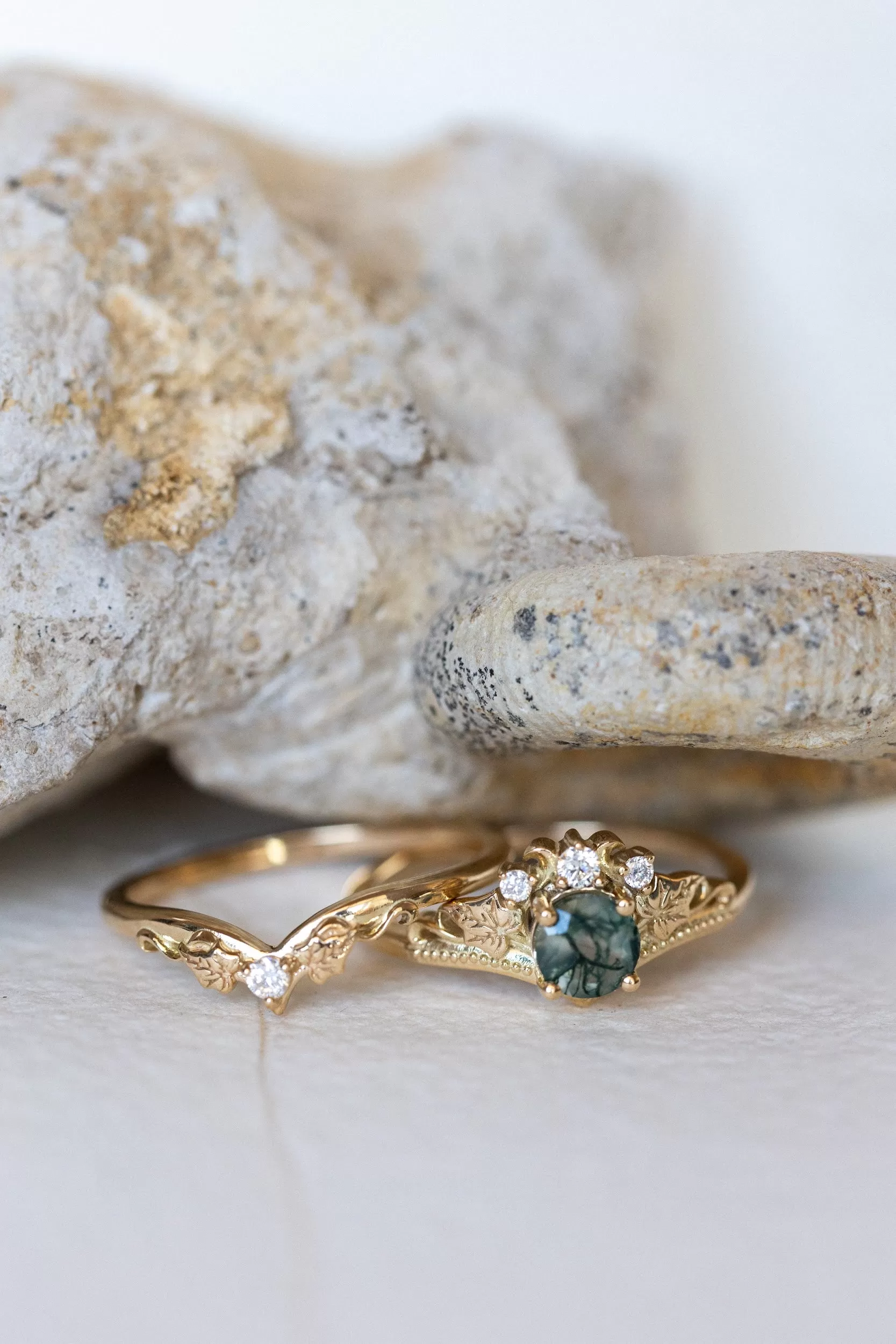 READY TO SHIP: Ariadne bridal ring set in 18K yellow gold, natural moss agate 5 mm, accents moissanites, AVAILABLE RING SIZES: 9-11US