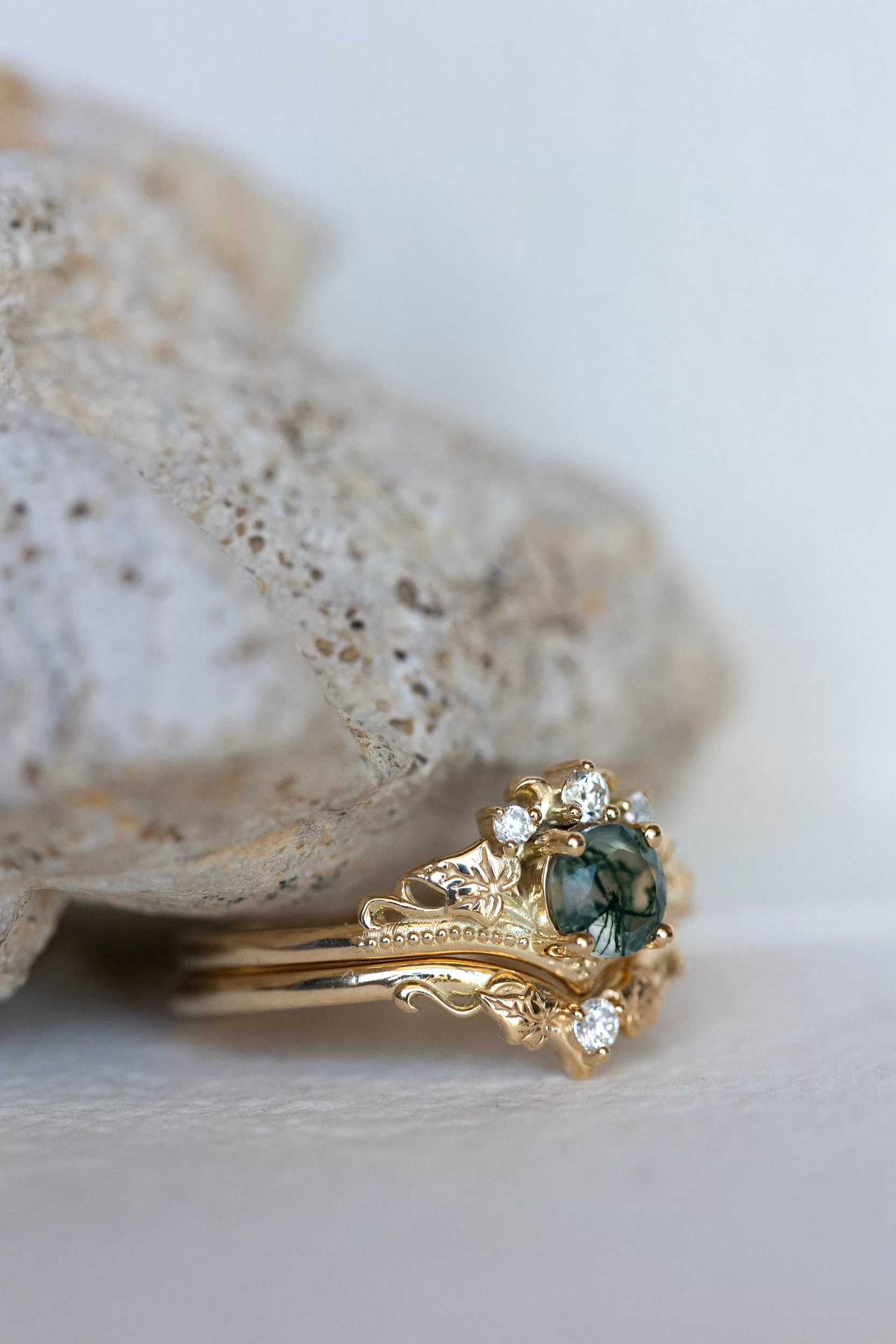 READY TO SHIP: Ariadne bridal ring set in 18K yellow gold, natural moss agate 5 mm, accents moissanites, AVAILABLE RING SIZES: 9-11US