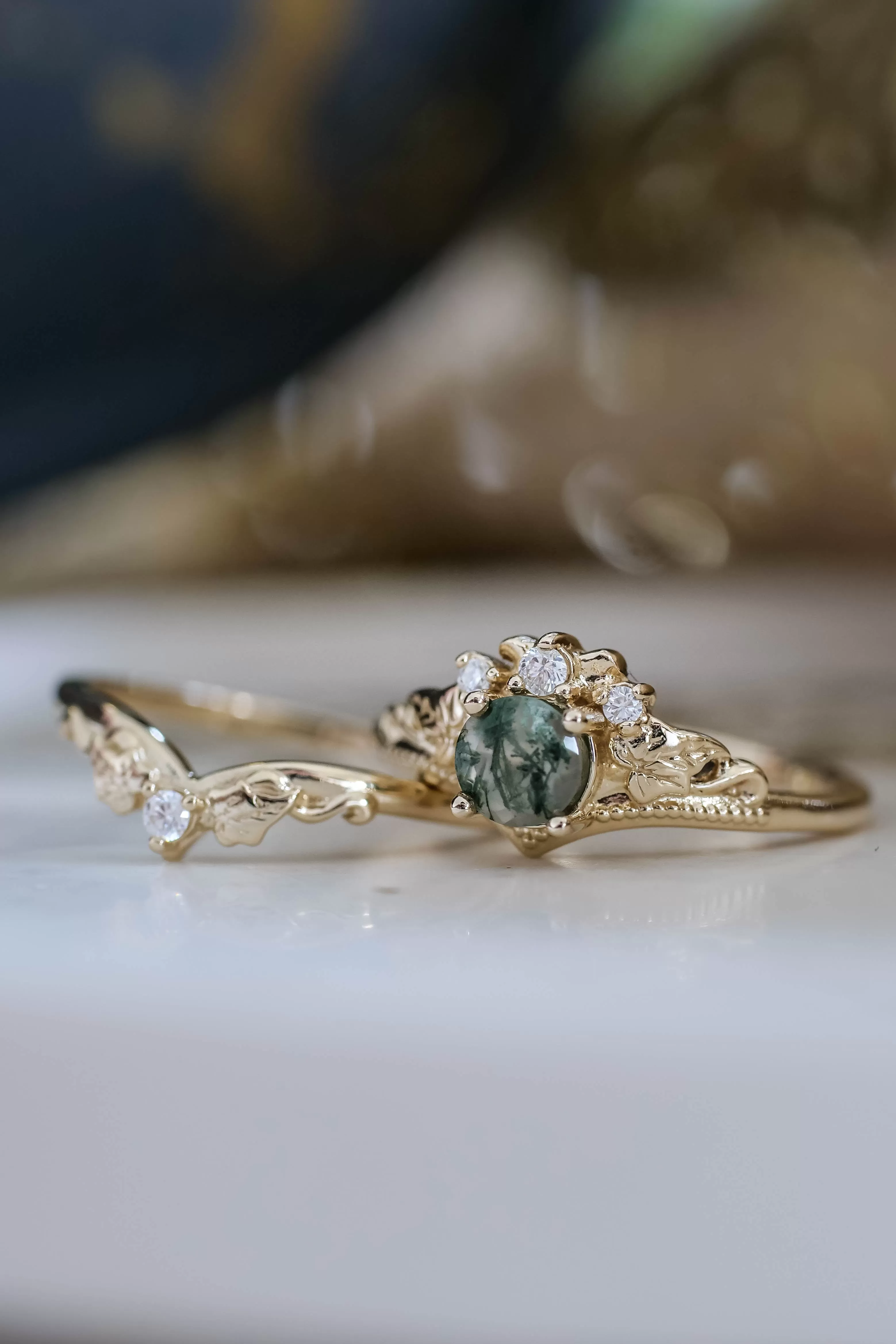 READY TO SHIP: Ariadne bridal ring set in 18K yellow gold, natural moss agate 5 mm, accents moissanites, AVAILABLE RING SIZES: 9-11US