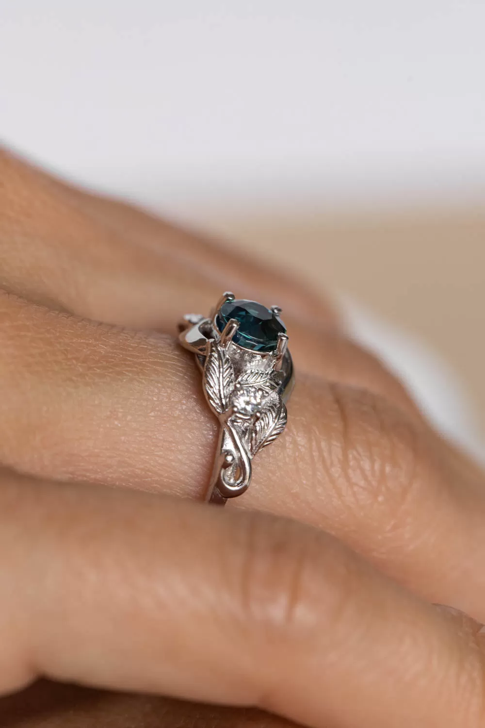 READY TO SHIP: Azalea in 14K white gold, natural round cut teal sapphire 6 mm, moissanites, RING SIZE 7 US