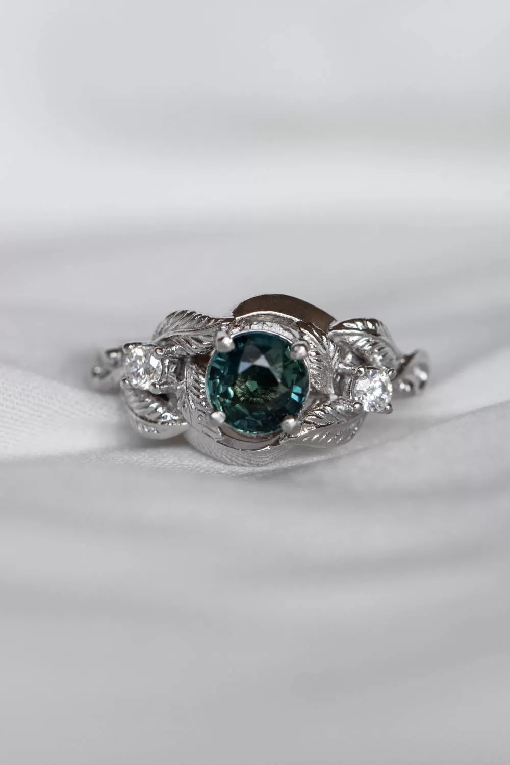 READY TO SHIP: Azalea in 14K white gold, natural round cut teal sapphire 6 mm, moissanites, RING SIZE 7 US