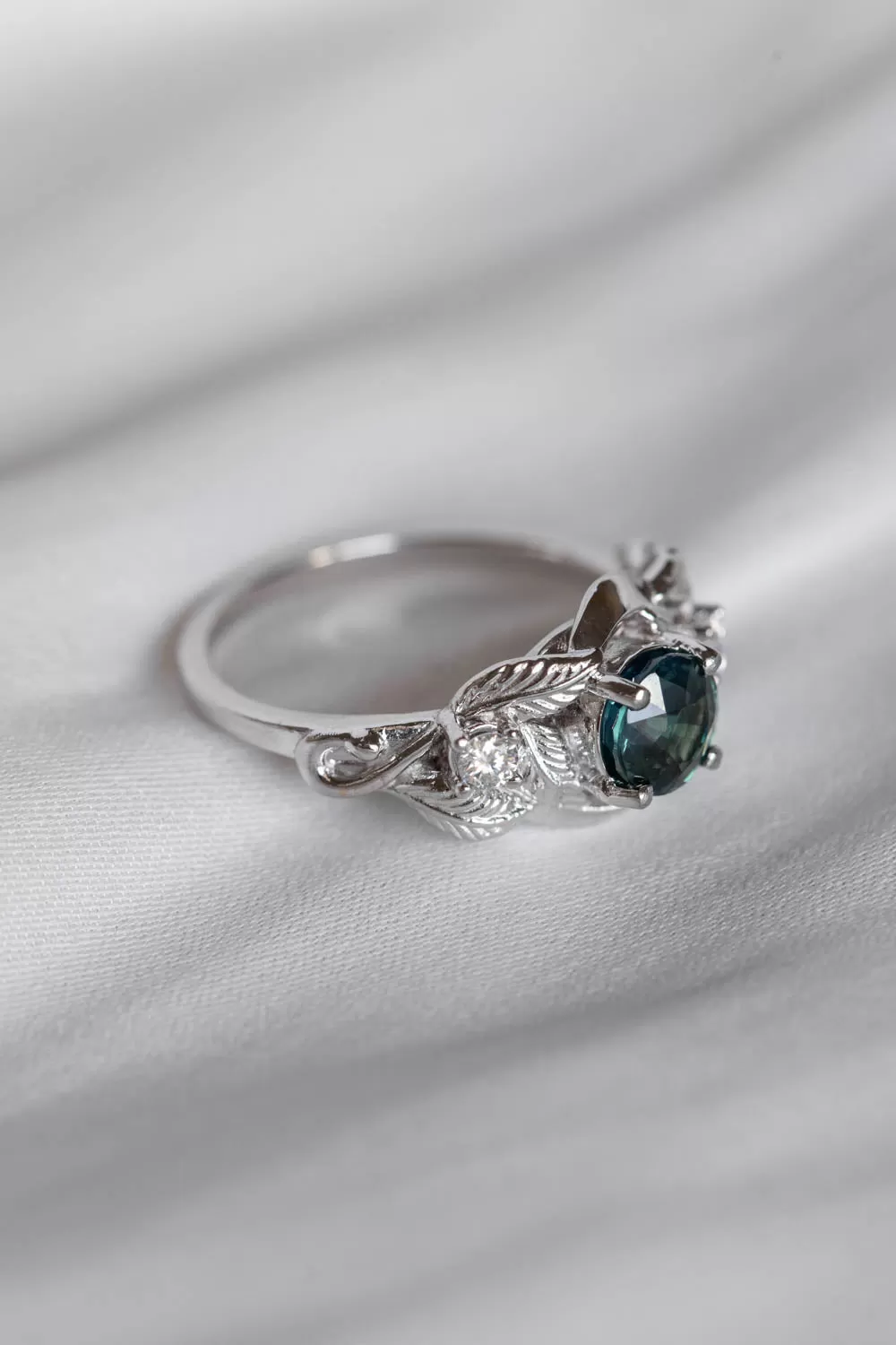 READY TO SHIP: Azalea in 14K white gold, natural round cut teal sapphire 6 mm, moissanites, RING SIZE 7 US