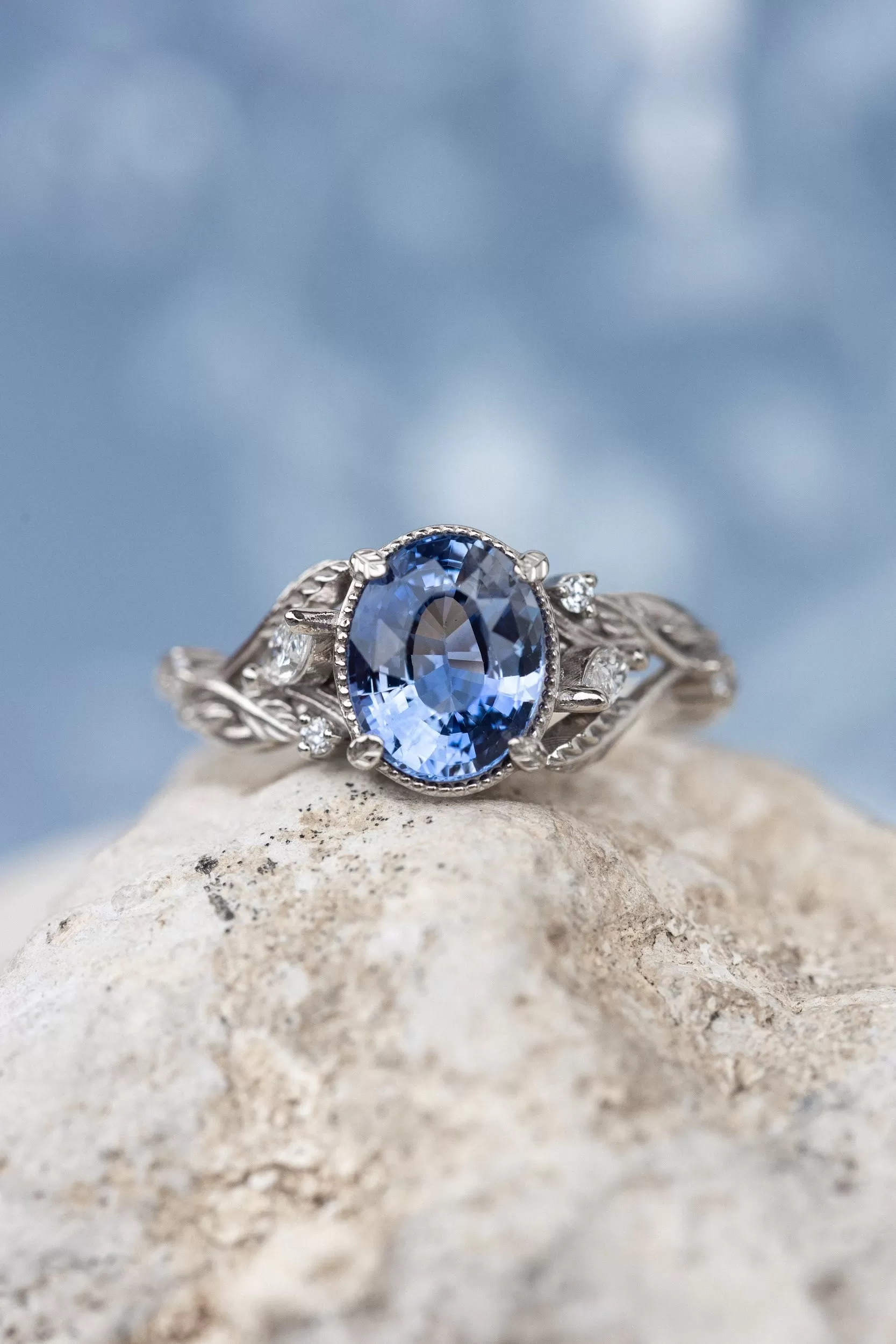 READY TO SHIP: Patricia ring in 14K white gold, natural blue sapphire 8x6 mm, accent natural diamonds, AVAILABLE RING SIZES: 6-8US