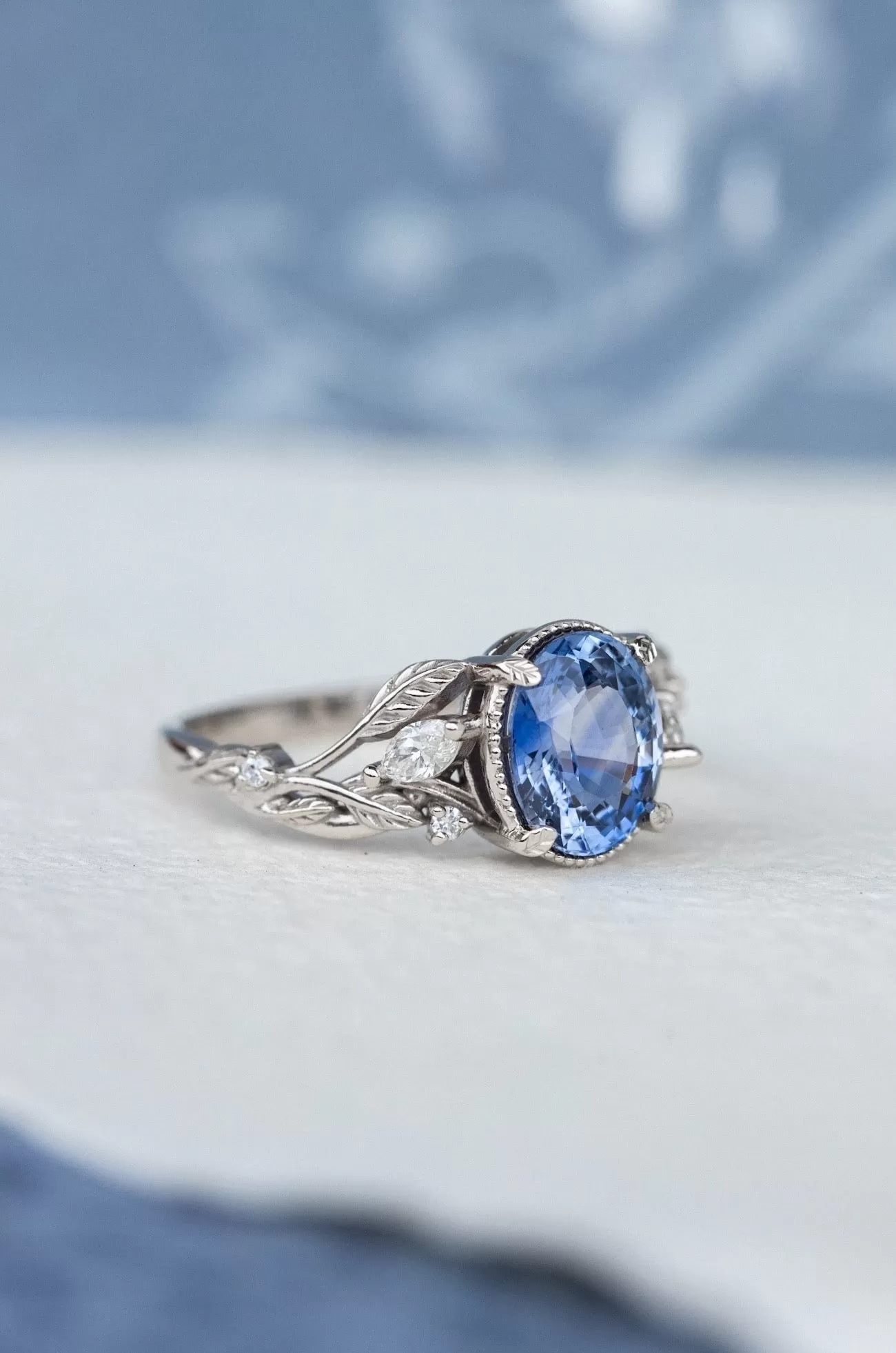 READY TO SHIP: Patricia ring in 14K white gold, natural blue sapphire 8x6 mm, accent natural diamonds, AVAILABLE RING SIZES: 6-8US