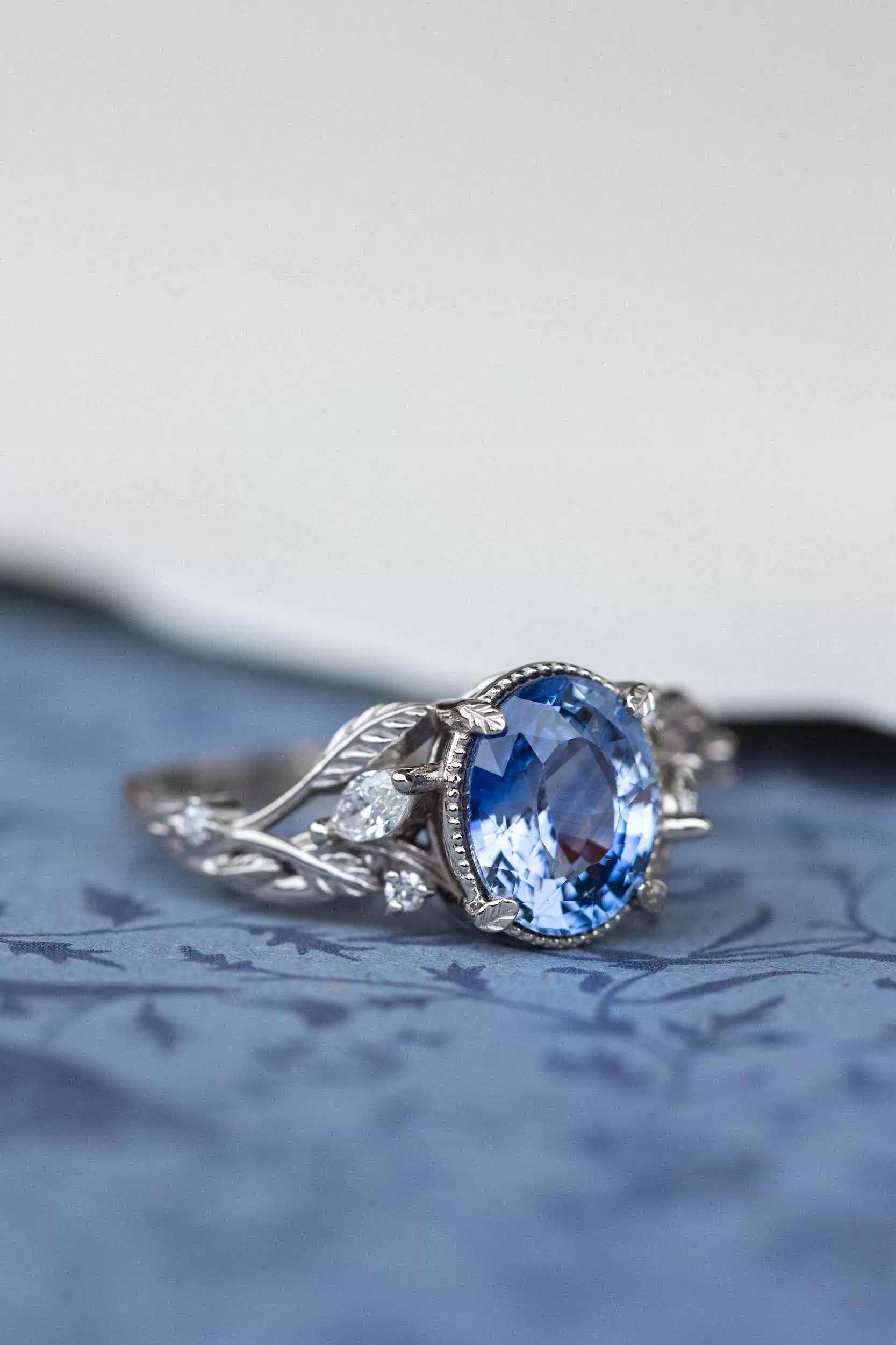 READY TO SHIP: Patricia ring in 14K white gold, natural blue sapphire 8x6 mm, accent natural diamonds, AVAILABLE RING SIZES: 6-8US