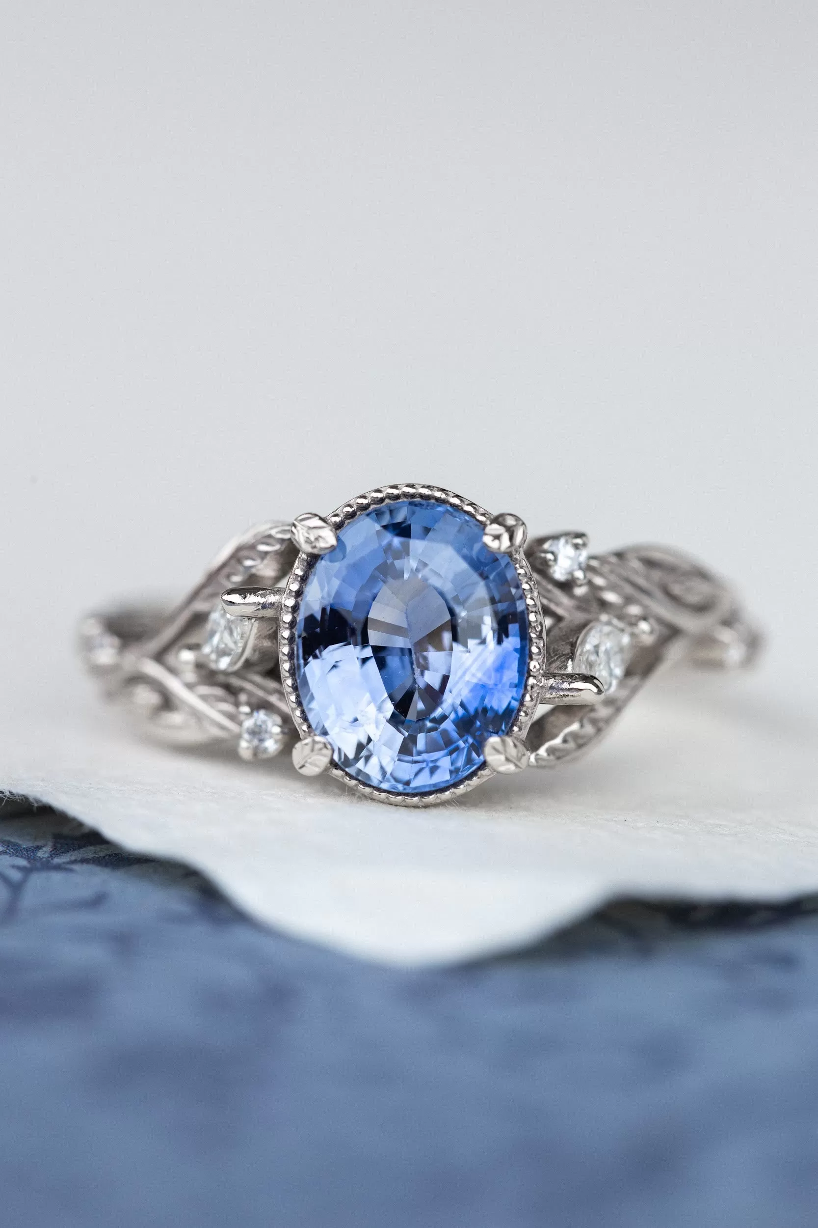 READY TO SHIP: Patricia ring in 14K white gold, natural blue sapphire 8x6 mm, accent natural diamonds, AVAILABLE RING SIZES: 6-8US