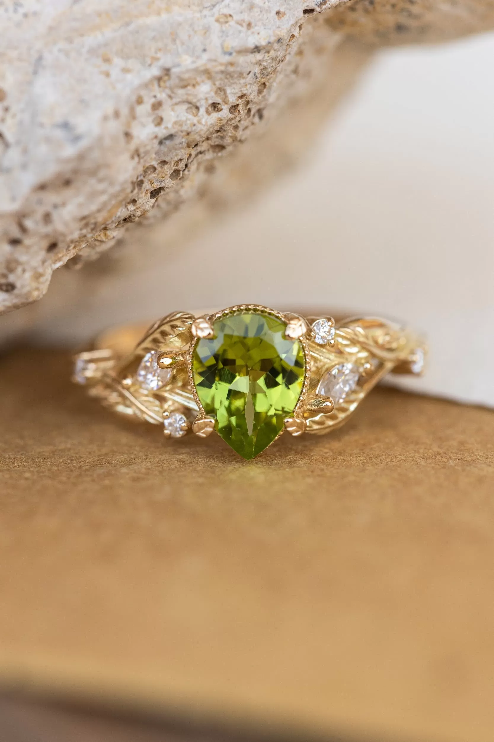 READY TO SHIP: Patricia ring in 14K yellow gold, natural peridot pear cut 8x6 mm, accent moissanites, AVAILABLE RING SIZES: 5-7US