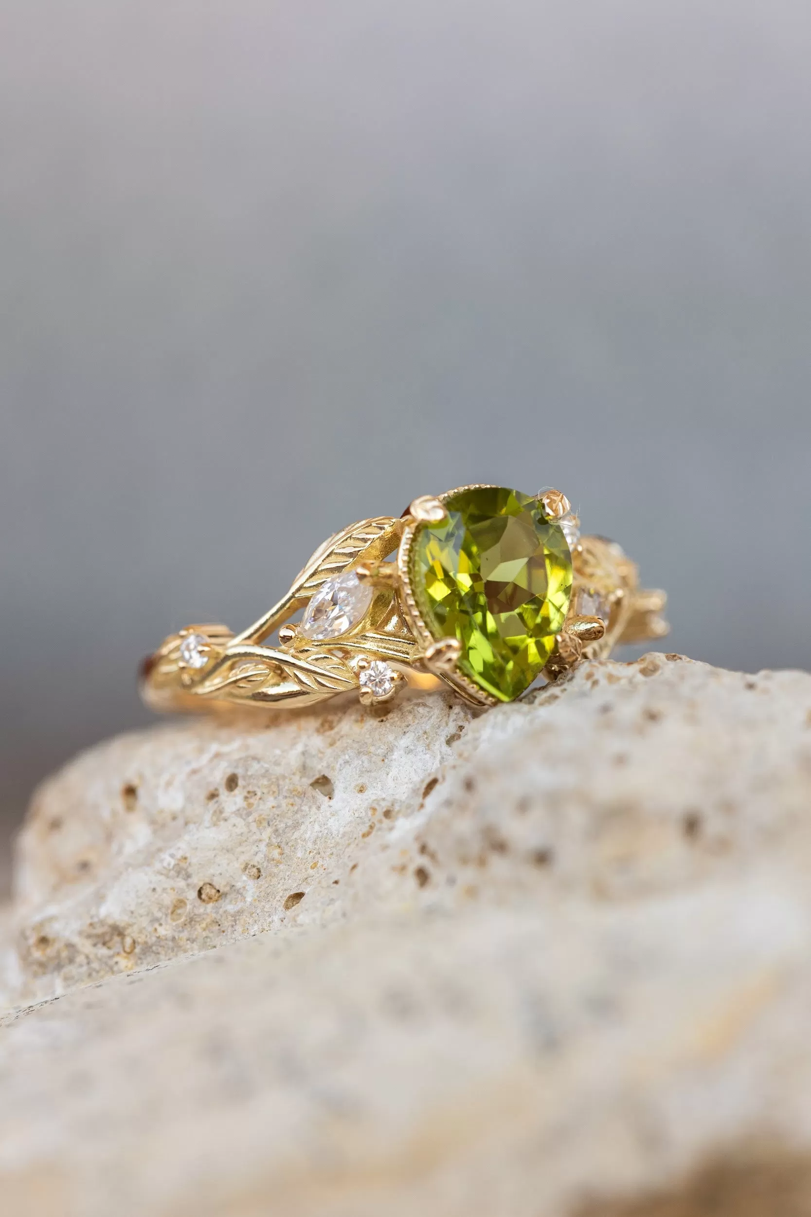 READY TO SHIP: Patricia ring in 14K yellow gold, natural peridot pear cut 8x6 mm, accent moissanites, AVAILABLE RING SIZES: 5-7US