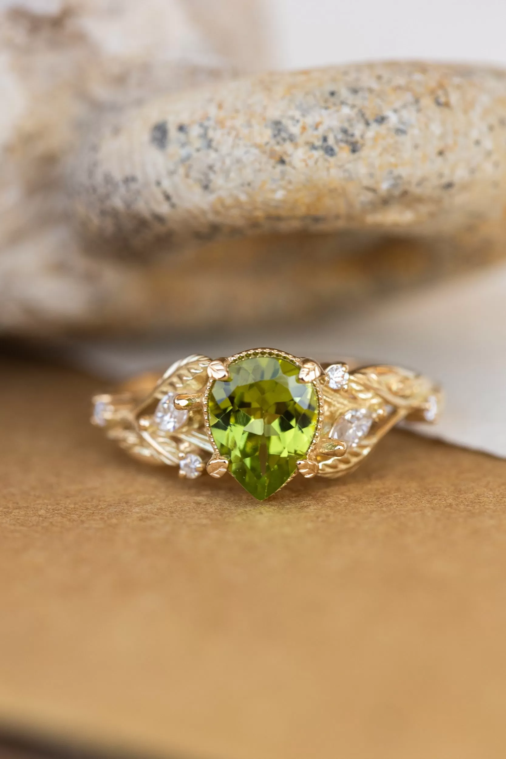 READY TO SHIP: Patricia ring in 14K yellow gold, natural peridot pear cut 8x6 mm, accent moissanites, AVAILABLE RING SIZES: 5-7US