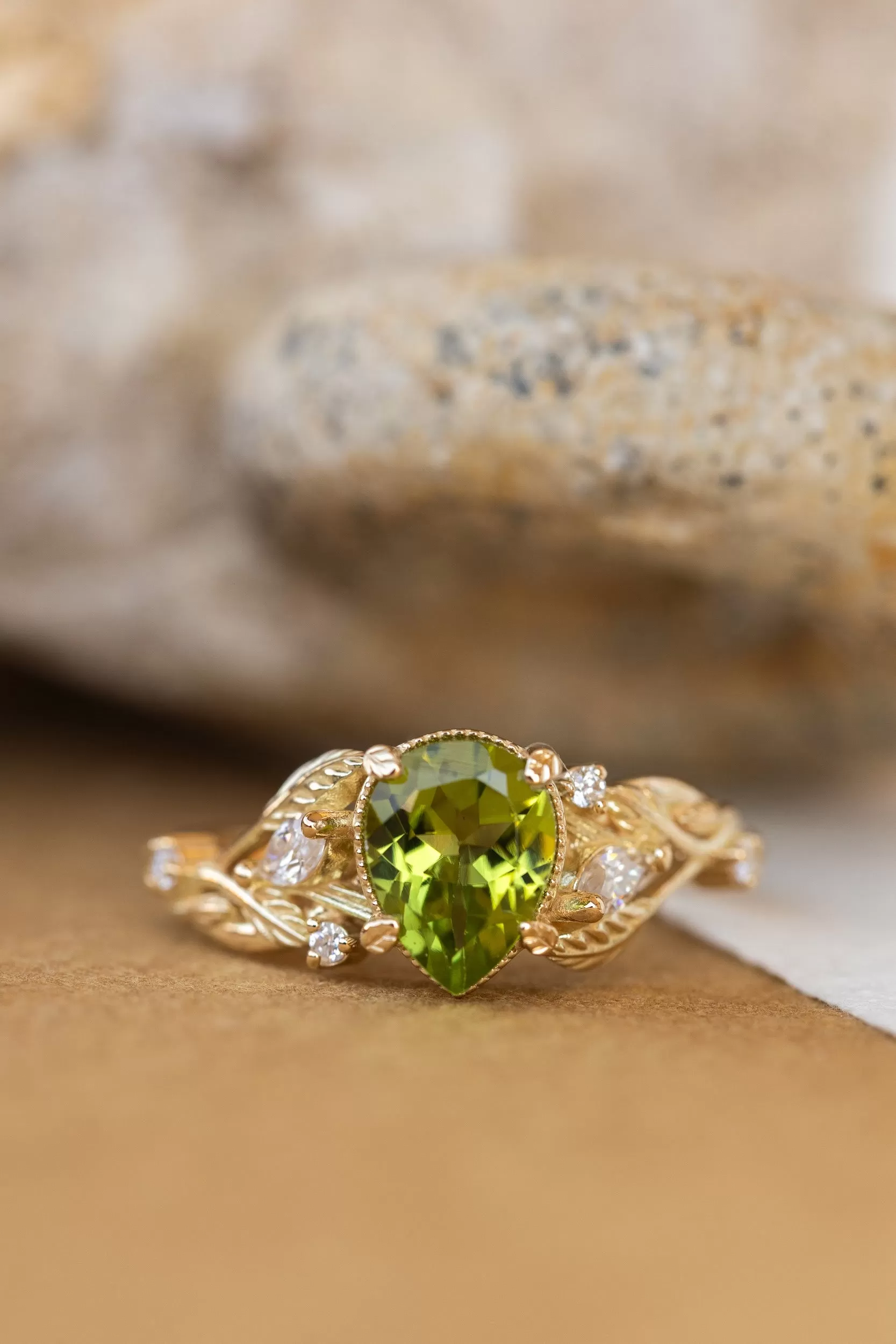 READY TO SHIP: Patricia ring in 14K yellow gold, natural peridot pear cut 8x6 mm, accent moissanites, AVAILABLE RING SIZES: 5-7US