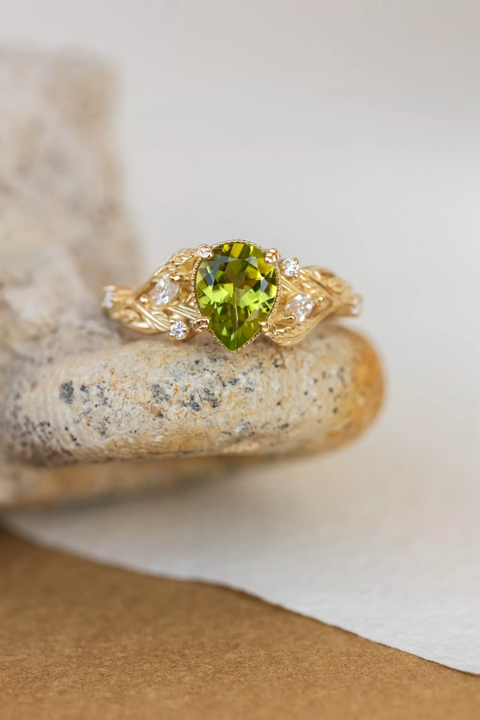 READY TO SHIP: Patricia ring in 14K yellow gold, natural peridot pear cut 8x6 mm, accent moissanites, AVAILABLE RING SIZES: 5-7US