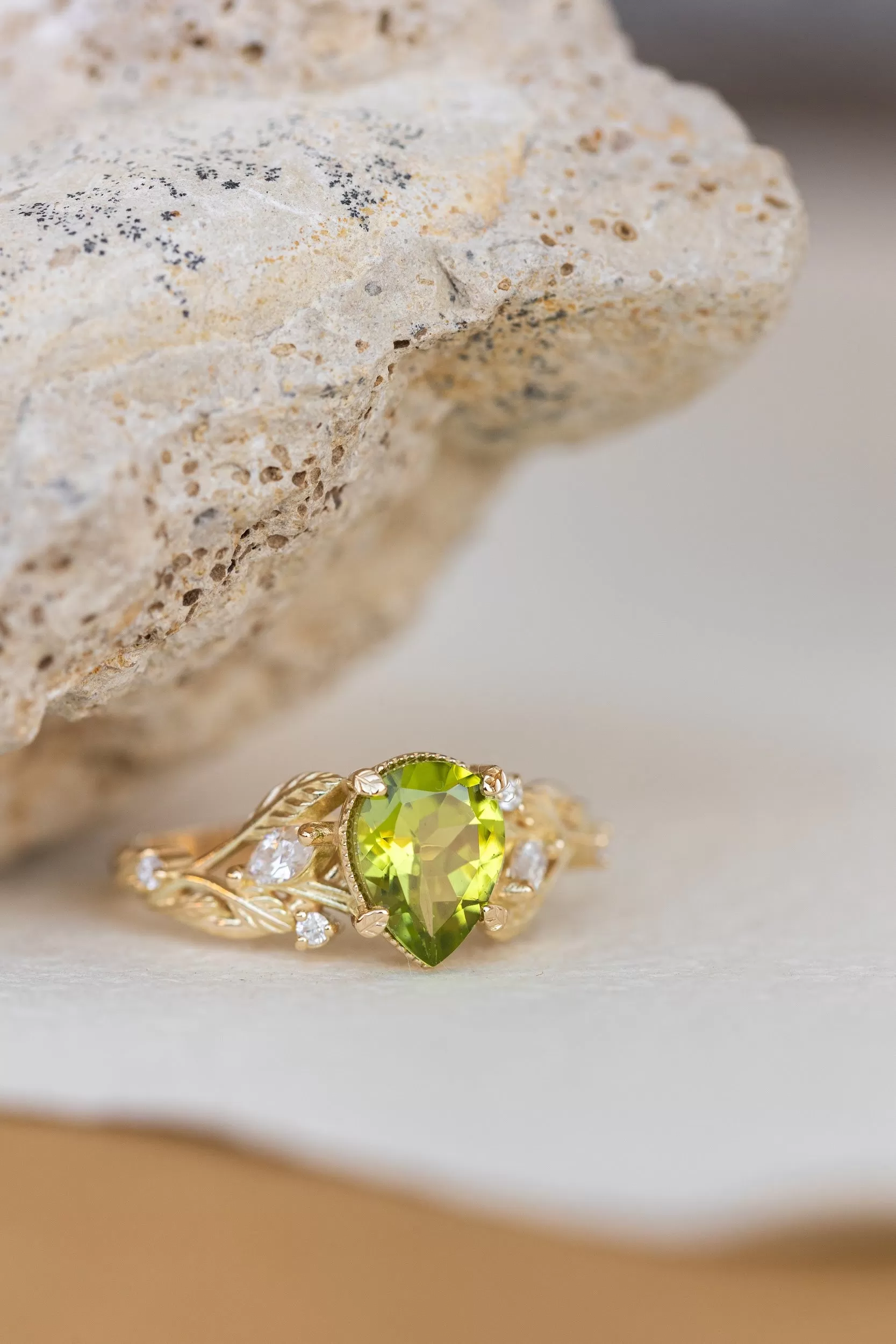 READY TO SHIP: Patricia ring in 14K yellow gold, natural peridot pear cut 8x6 mm, accent moissanites, AVAILABLE RING SIZES: 5-7US