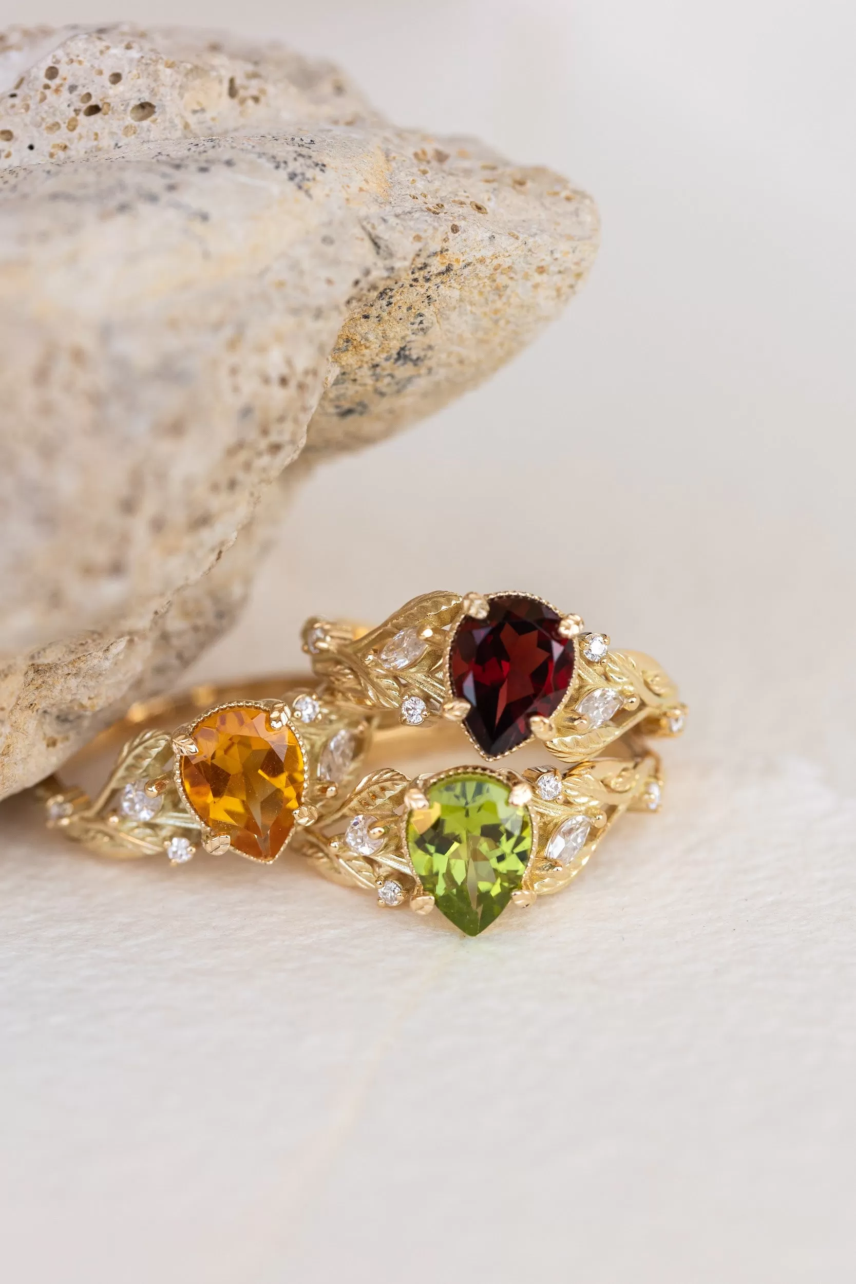 READY TO SHIP: Patricia ring in 14K yellow gold, natural peridot pear cut 8x6 mm, accent moissanites, AVAILABLE RING SIZES: 5-7US