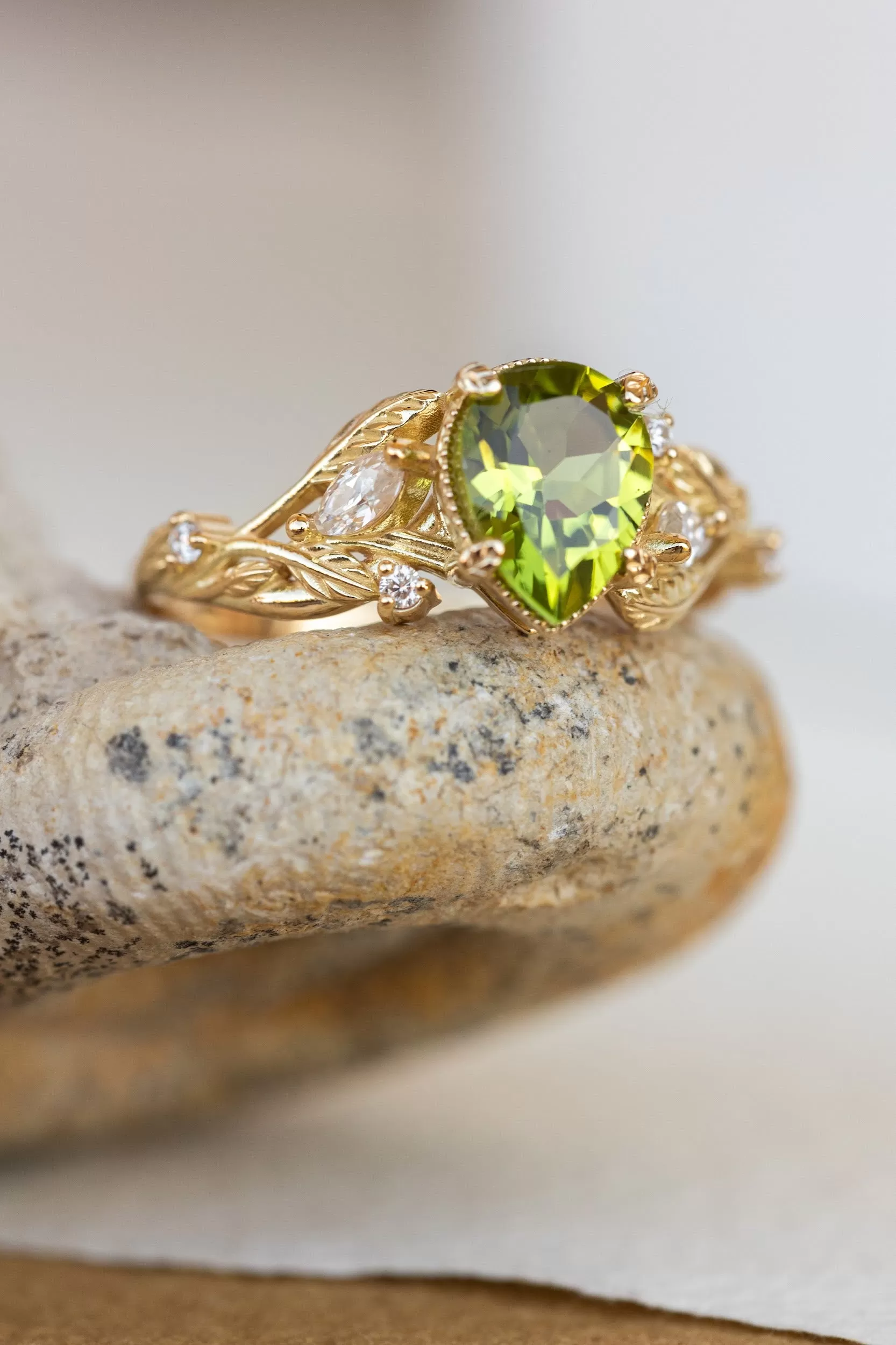 READY TO SHIP: Patricia ring in 14K yellow gold, natural peridot pear cut 8x6 mm, accent moissanites, AVAILABLE RING SIZES: 5-7US