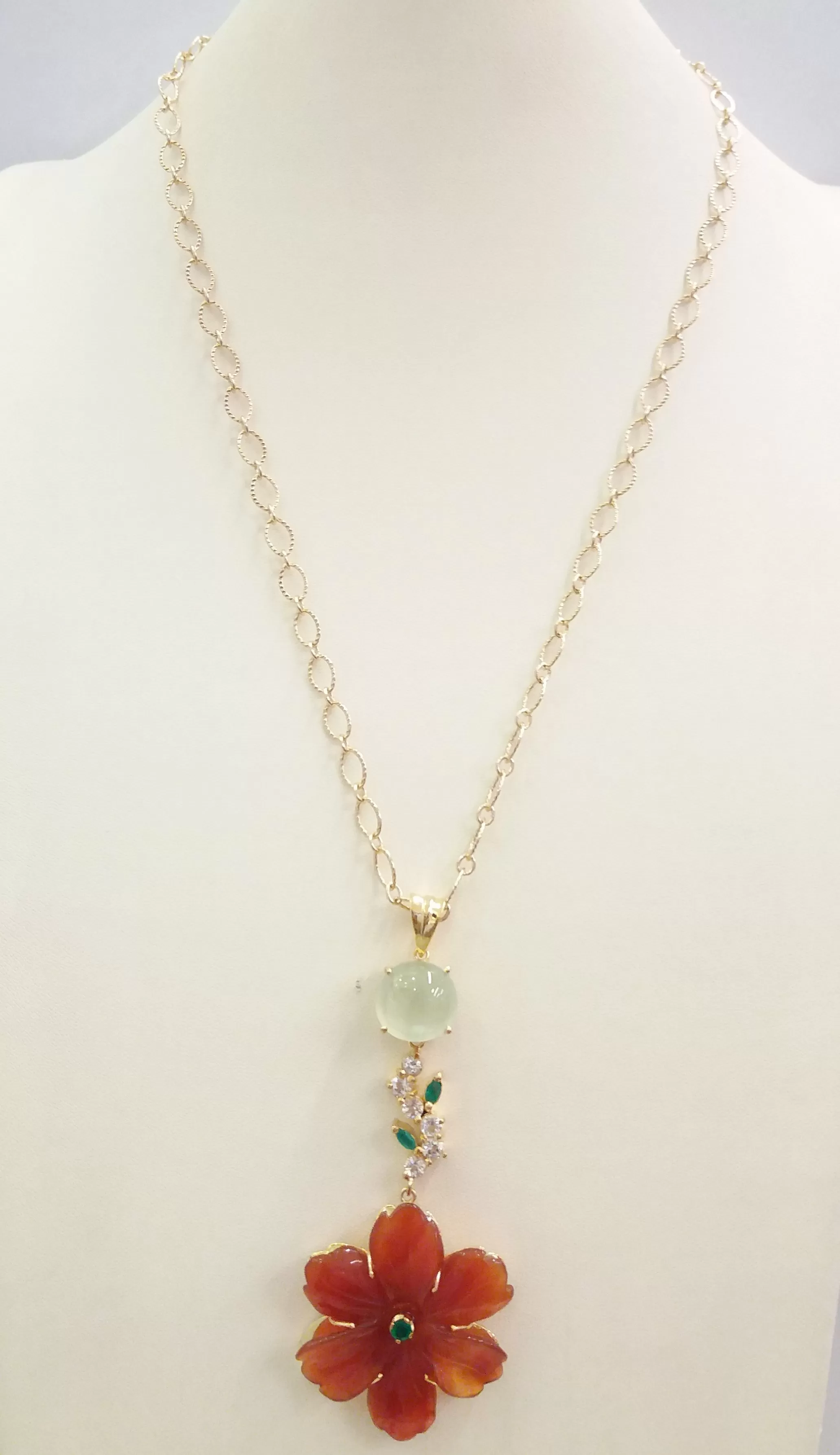 Round Chalcedony with White Topaz,Green Agate & Carved Flower Carnelian with Green Agate Terra Firma Pendant