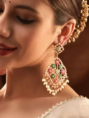 Rubans 22K Antique Gold Plated Multi Colour Pearl Studded Statement Chandbali Earrings