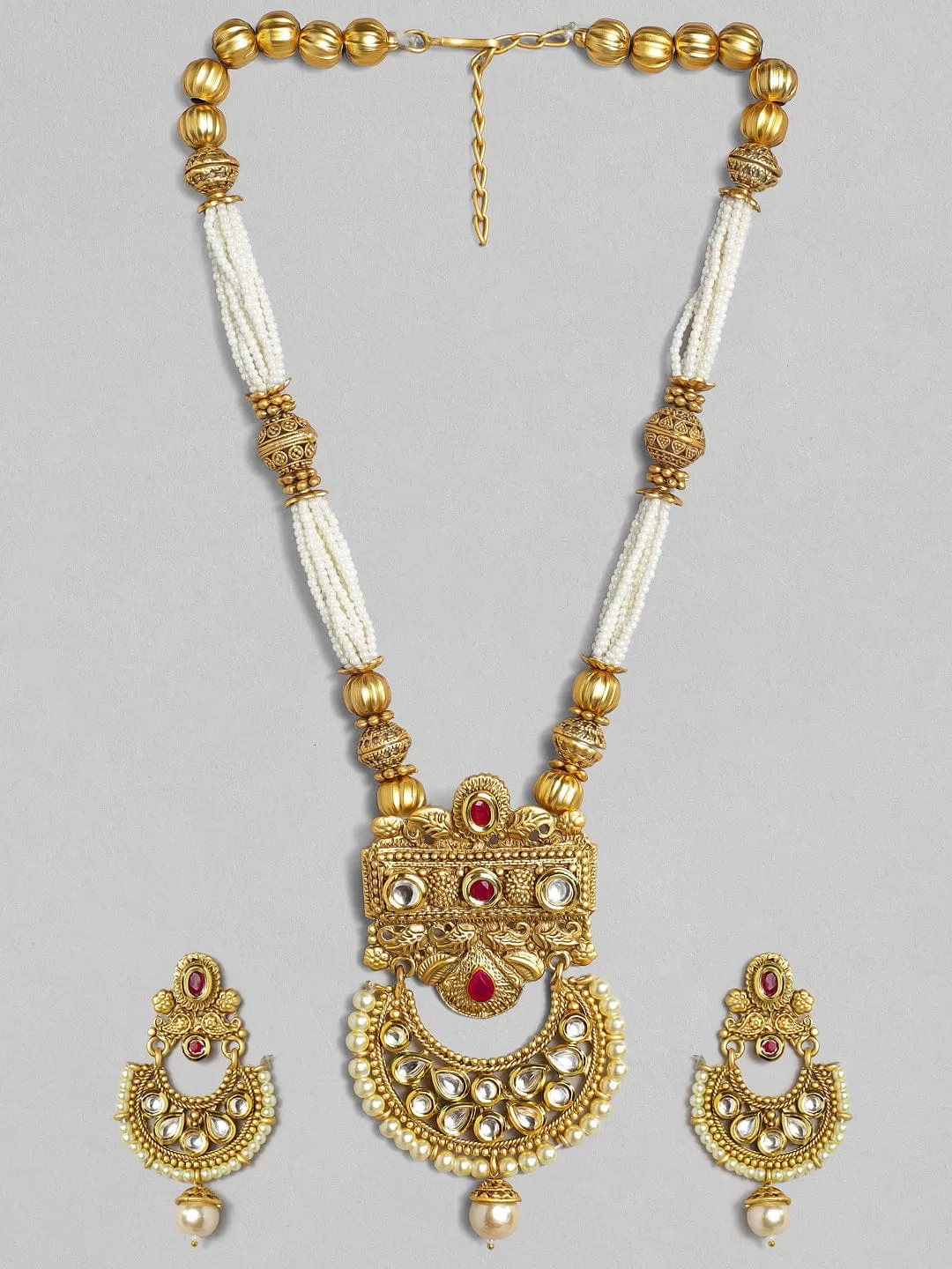 Rubans 22K Gold Plated Handcrafted Pearl Multistranded Kundan Necklace Set