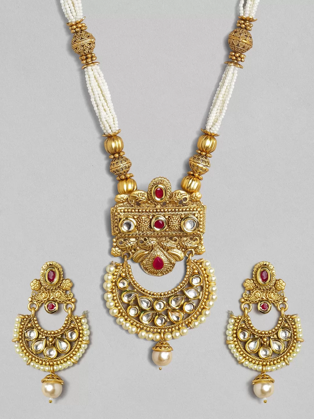 Rubans 22K Gold Plated Handcrafted Pearl Multistranded Kundan Necklace Set