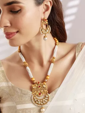 Rubans 22K Gold Plated Handcrafted Pearl Multistranded Kundan Necklace Set