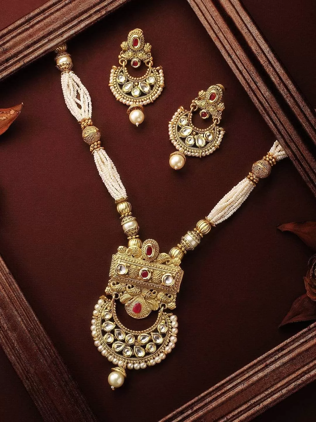 Rubans 22K Gold Plated Handcrafted Pearl Multistranded Kundan Necklace Set