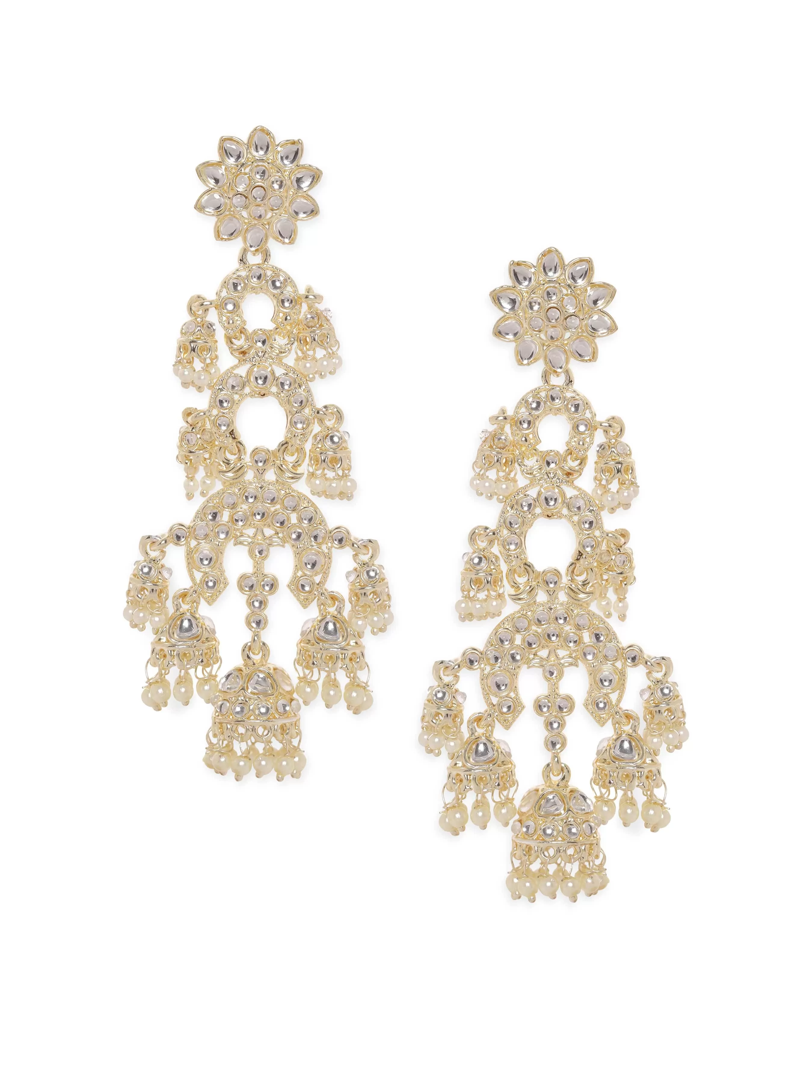 Rubans 22K Gold plated Pearl beaded Kundan Long Dangling Earrings