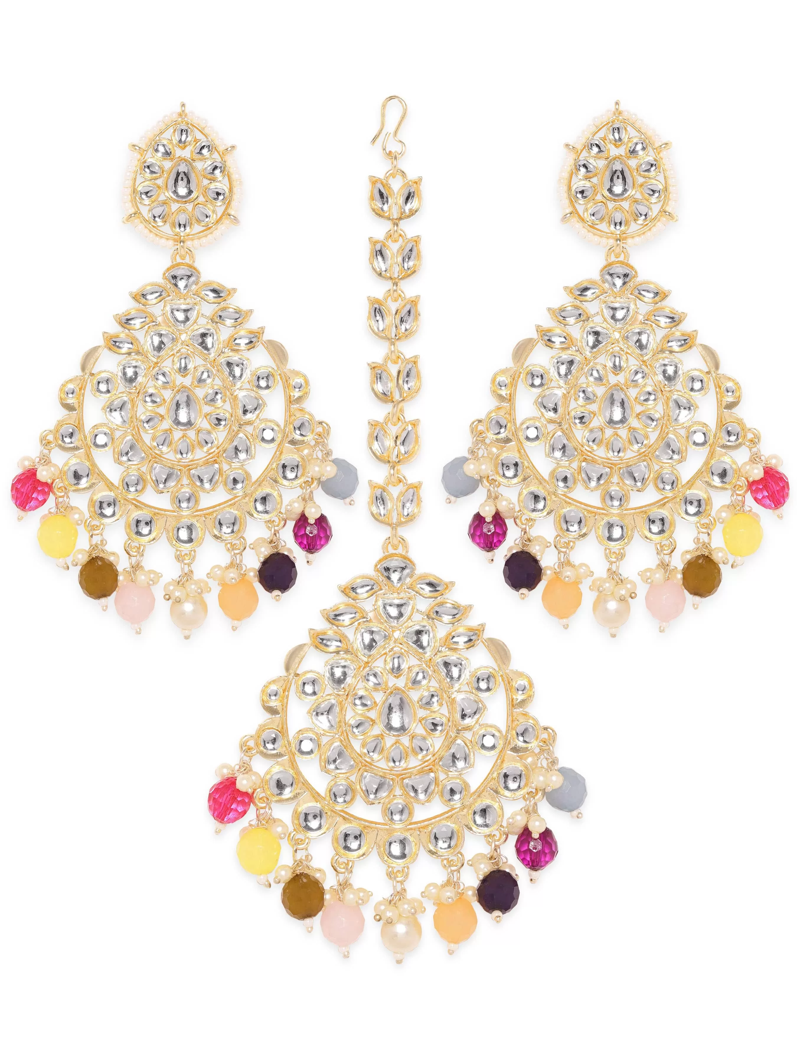 Rubans Regal 22k Gold Plated Kundan Multi-color Pearl Beaded Jewelry Set