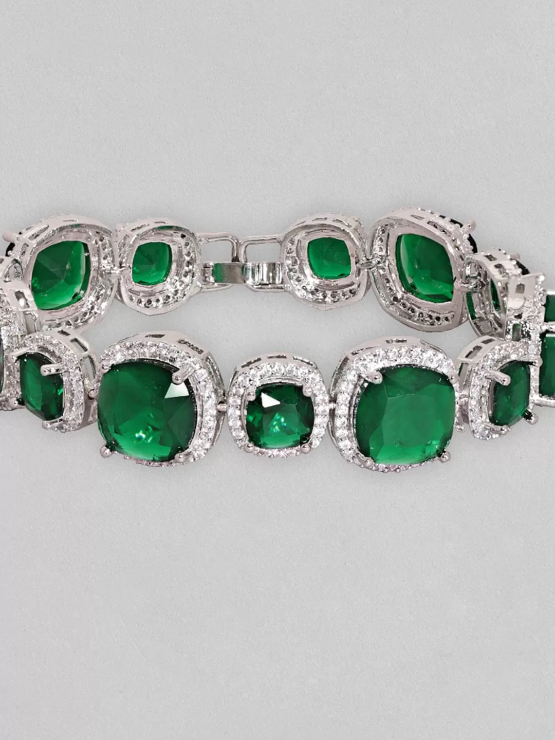 Rubans Rhodium Plated Premium White & Emerald Solitaire Zircons Bracelet