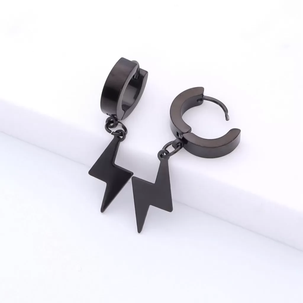 Stainless Steel Lightning Bolt Huggie Hoop Earrings - Black