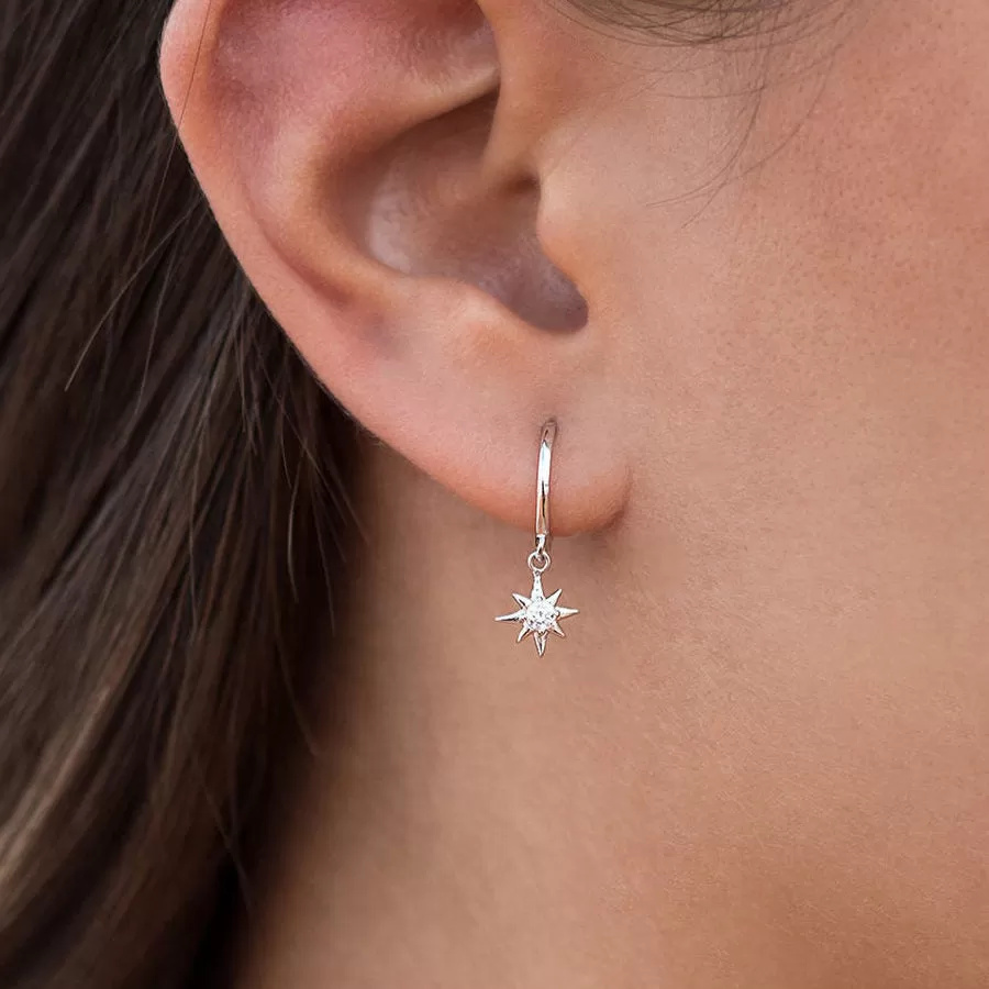 Sterling Silver Huggie Hoop Earrings with Dangle Star - Silver