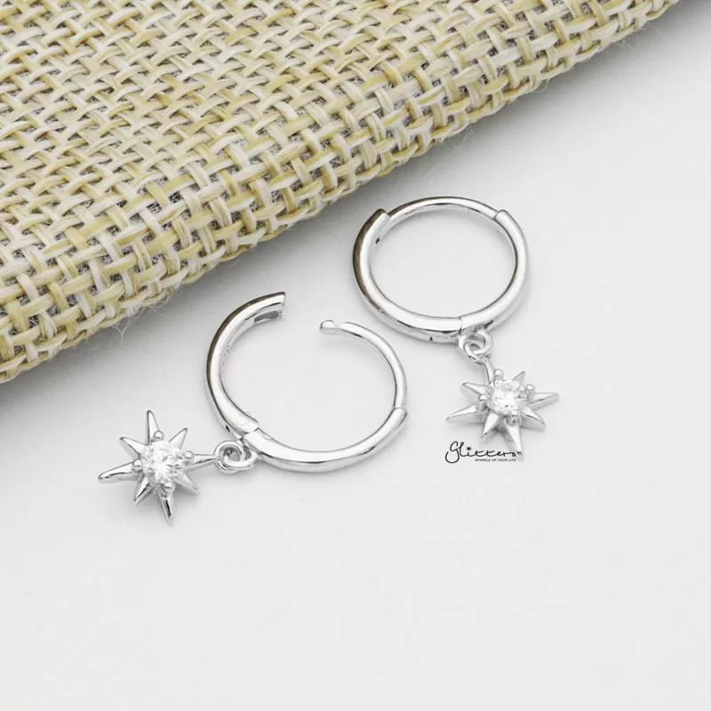 Sterling Silver Huggie Hoop Earrings with Dangle Star - Silver