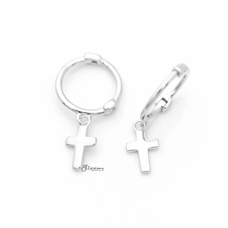 Sterling Silver One-Touch Hoop Earrings with Dangle Cross - Silver